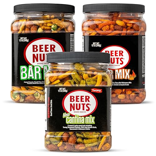 BEER NUTS Variety Pack, Habanero Bar Mix, 12oz Cantina Mix with Twang, 12oz Bar Mix w/Wasabi, nack Bulk Bundle Resealable Jars (12oz each, Pack of 3)