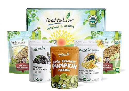 Food to Live Organic Omega-3 Seeds in a Gift Box - A Variety Pack of Sunflower, Pumpkin, Chia, Golden Flax, and Hemp Seeds