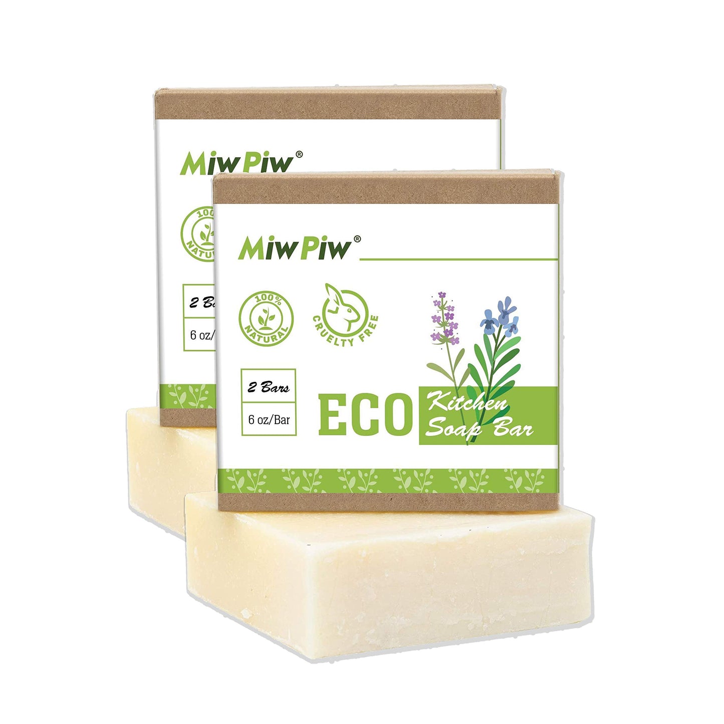 Miw Piw Vegan Dish Soap Bar Pack 2- Large 5 Ounce - Lather Clean Safe Ingredients- Plastic Free Palm Oil Free - Zero Waste Eco Friendly Kitchen
