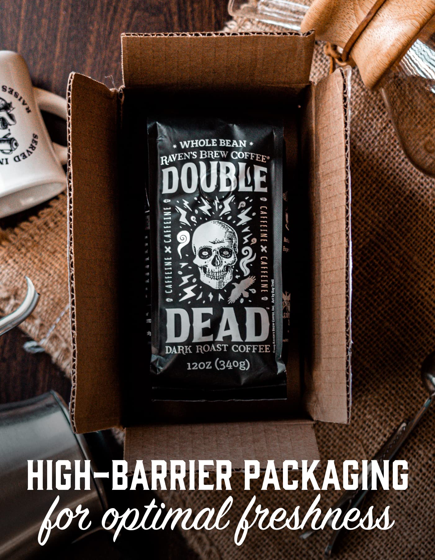 Raven’s Brew Coffee - Double Dead™ - Dark Roast, Naturally High Caffeine (Whole Bean, 12 oz)