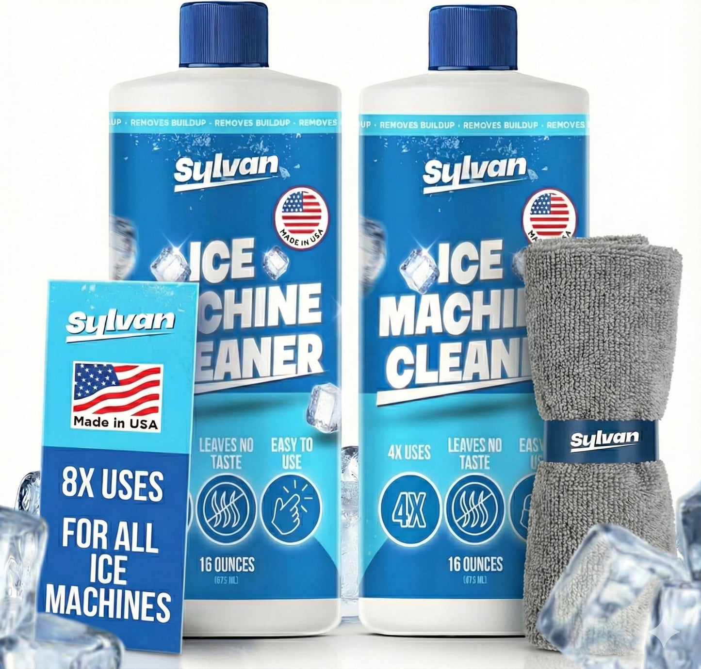 Sylvan Ice Machine Cleaner and Descaler | 2x 16 oz (8 uses) | Free Cloth | Made in USA | Nickel Safe Ice Maker Cleaner and Descaler | Universal