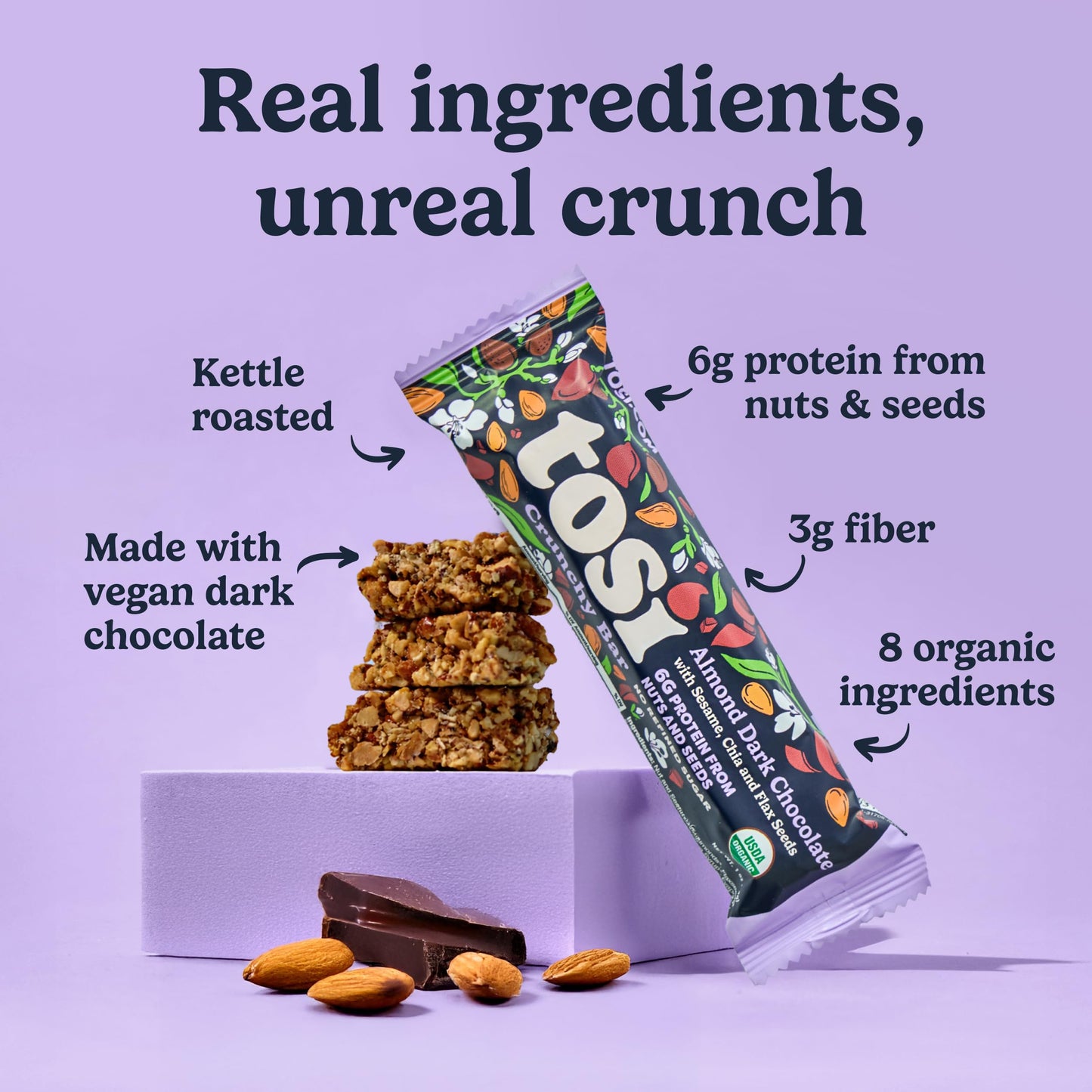 Tosi Nut Bars, Almond Dark Chocolate, Healthy Snacks for Adults & Kids, Plant Based Crunchy Bars (6G Protein), Organic Keto Snacks, Vegan, Gluten
