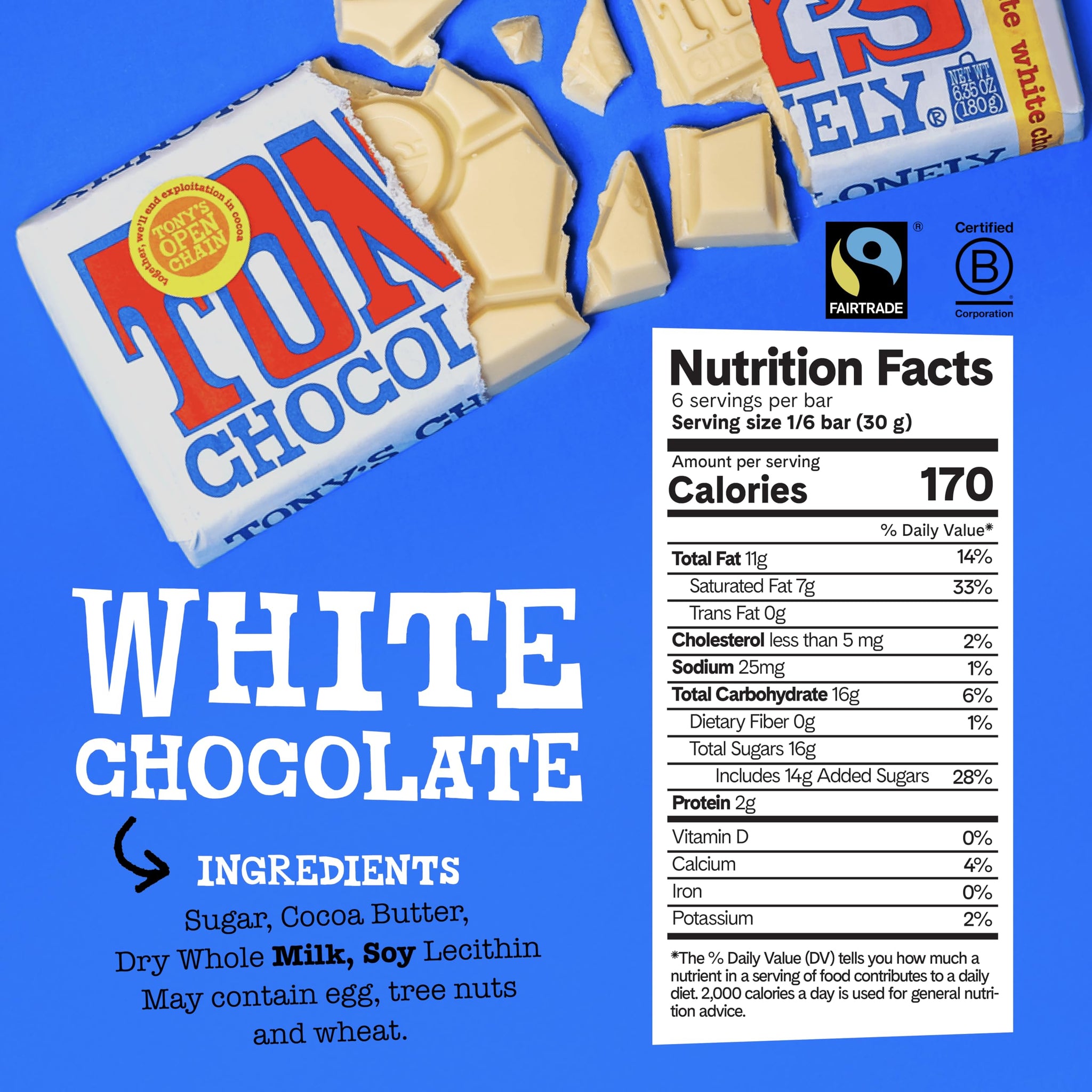 Tony’s Chocolonely Belgian White Chocolate Candy Bar, Pure Chocolate Bars for Snacks, Party Favors, Gifts, Baking, or Gift Basket, Made From Quality