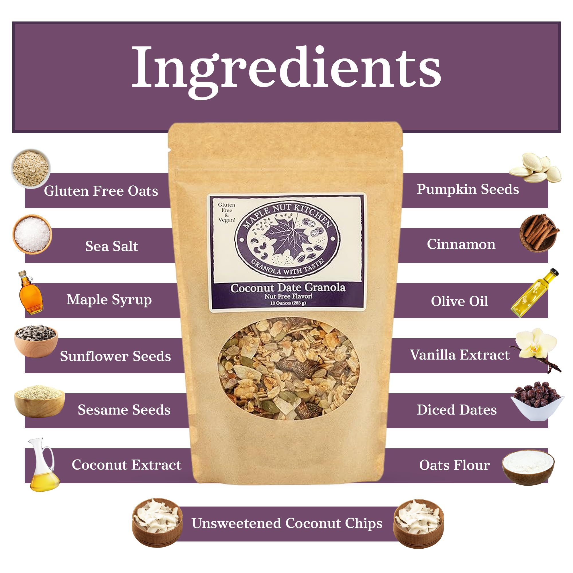 Maple Nut Kitchen Coconut Date Granola, 3 Pack - Gluten-Free, Vegan & Nut-Free Granola with Certified Oats, Pumpkin Seeds, Coconut Chips & Diced Dates