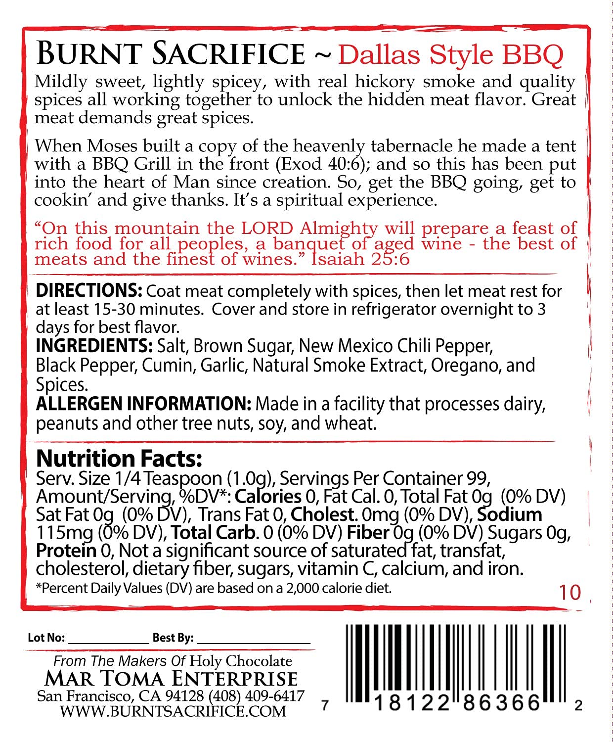 Burnt Sacrifice Dallas Style Gourmet Spicy BBQ Spice Dry Rub Seasonings (10 Ounce Bag Makes Over 24 Lbs) Brisket Roasts Tri tip Chicken Wings Lamb