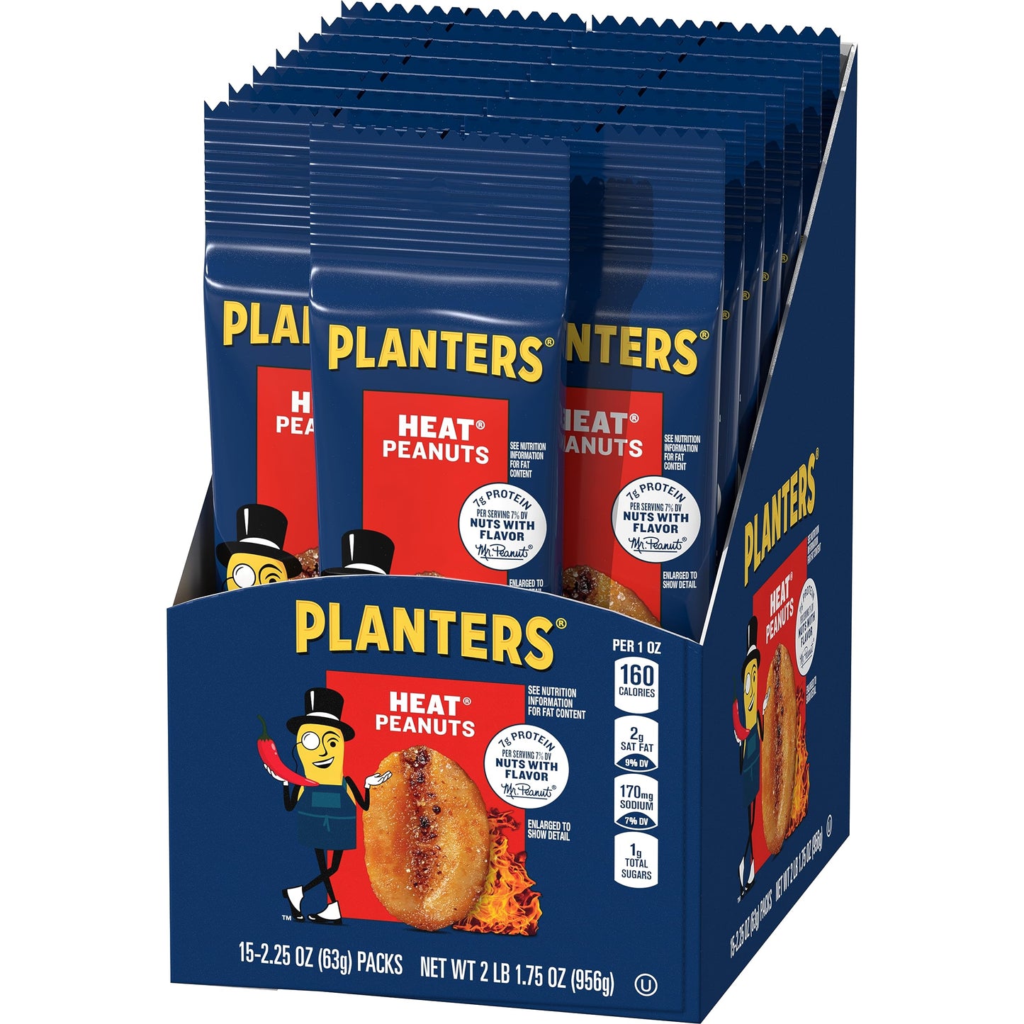 PLANTERS Heat Peanuts, Spicy Snacks, Hot Peanuts, 2.25 oz, 15-Pack, Nuts with a Hot and Spicy Taste