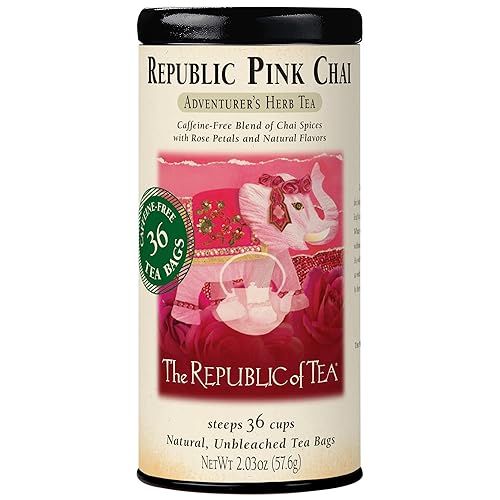 The Republic of Tea - Republic Pink Chai Herbal Tea Tin, 36 Tea Bags, Naturally Caffeine Free