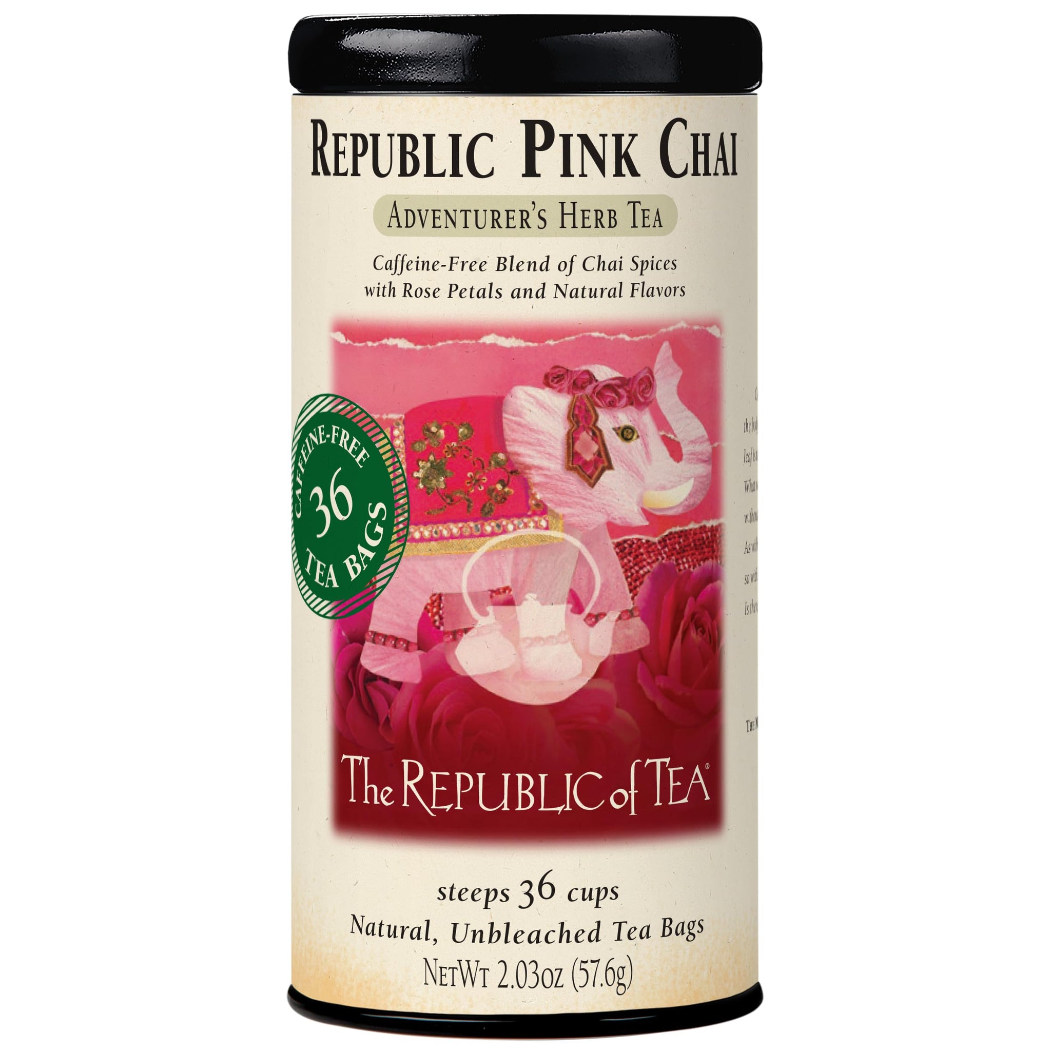The Republic of Tea - Republic Pink Chai Herbal Tea Tin, 36 Tea Bags, Naturally Caffeine Free