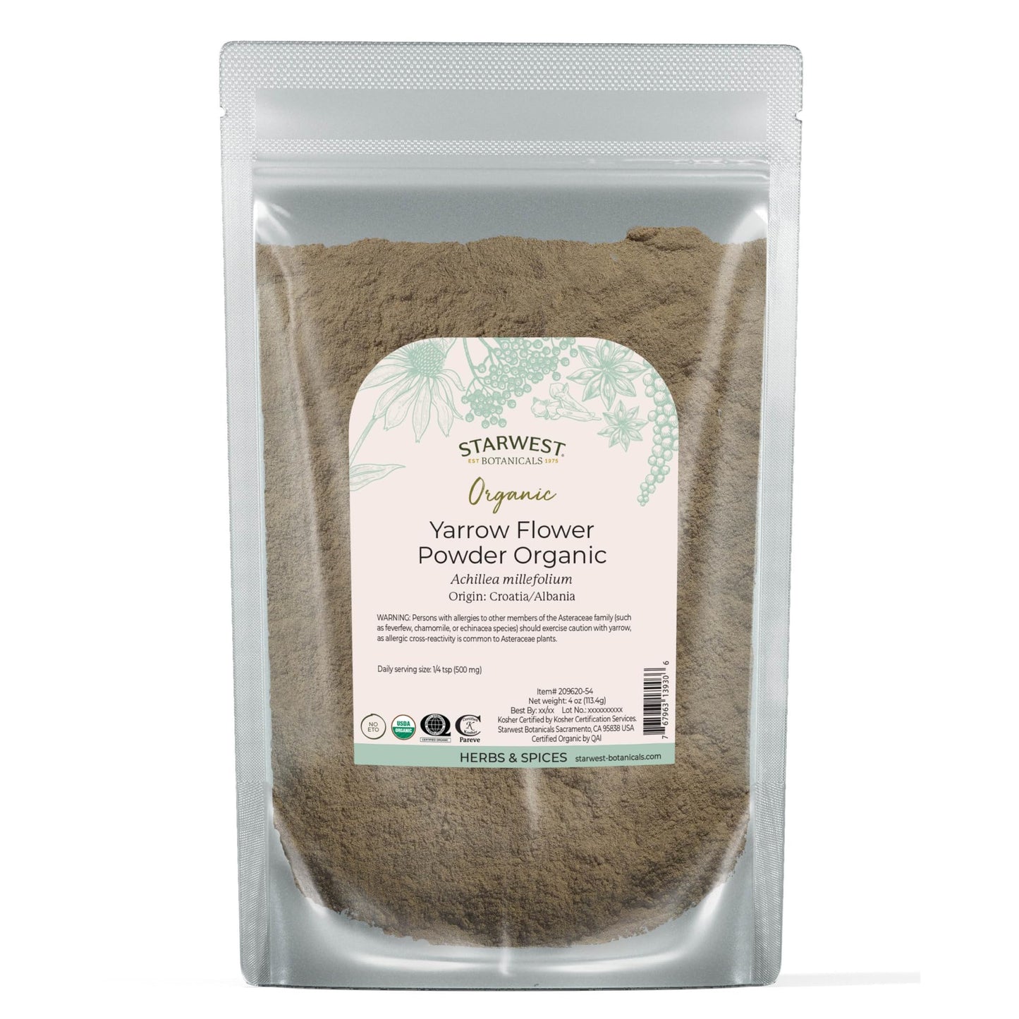 Starwest Botanicals Organic Yarrow Flower Powder - Dried Herb for Tea, Certified Kosher, Non-GMO - 4 oz Pouch