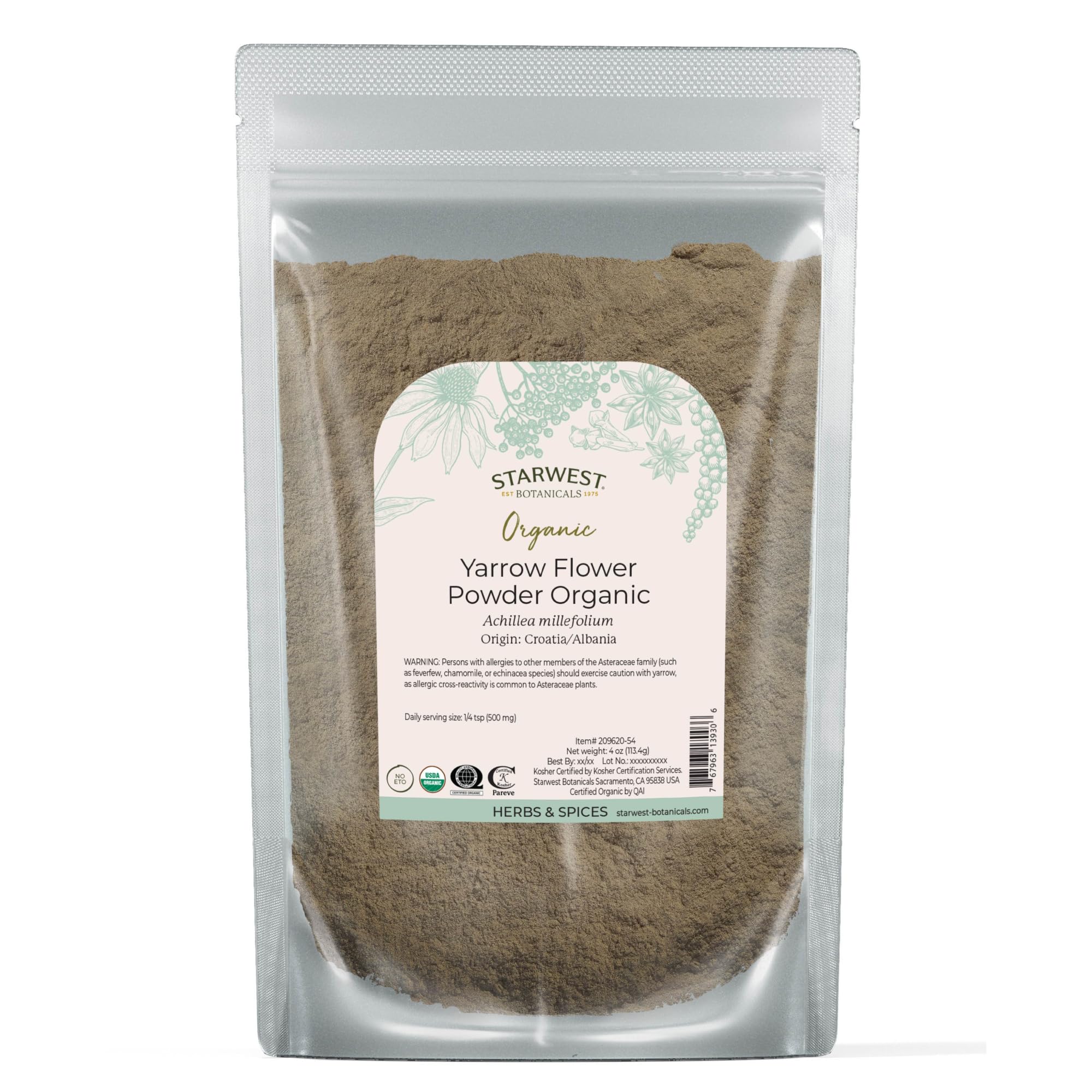 Starwest Botanicals Organic Yarrow Flower Powder - Dried Herb for Tea, Certified Kosher, Non-GMO - 4 oz Pouch