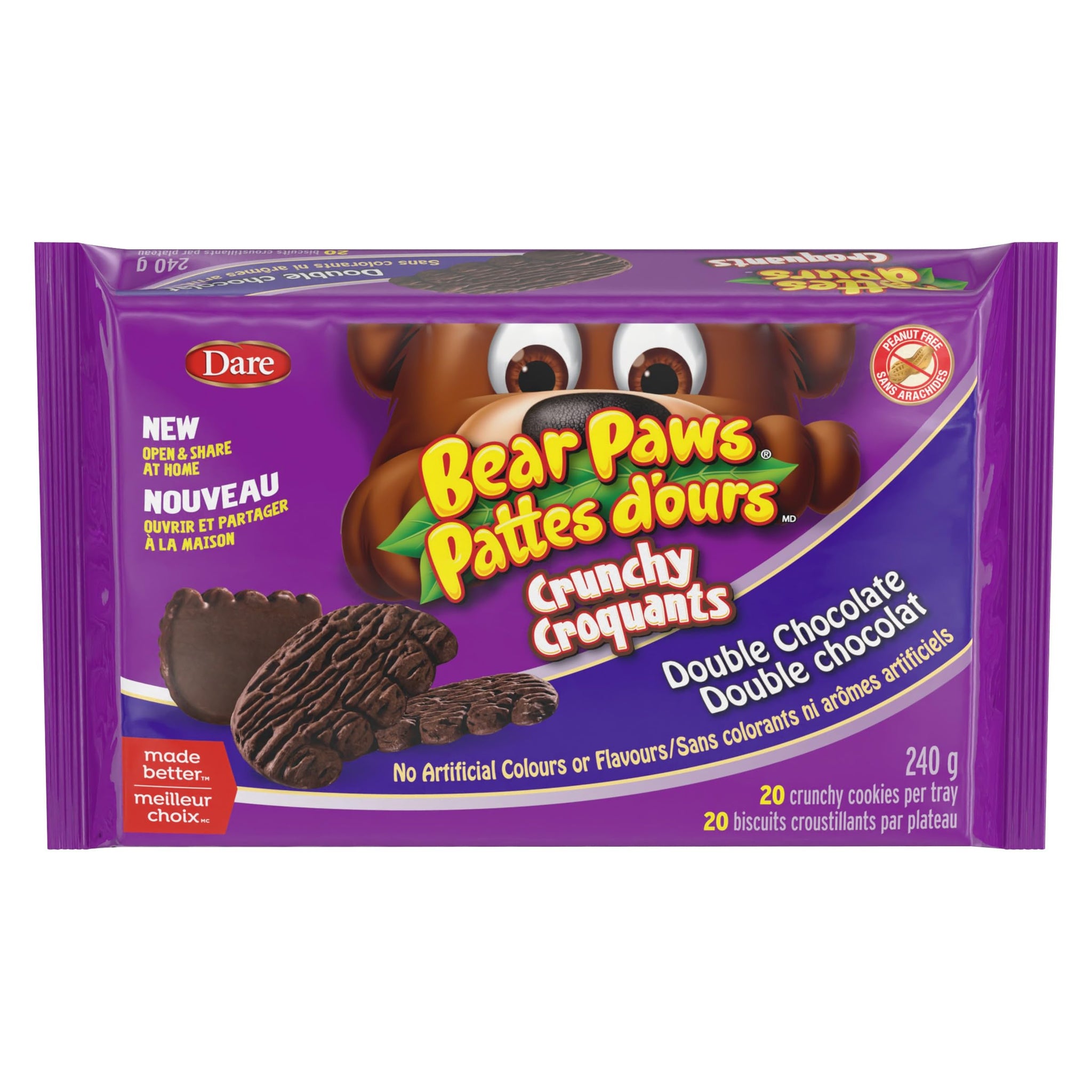 Bear Paws Crunchy Double Chocolate - Peanut Free Crunchy and Delicious Cookies to Open and Share at Home with No Artificial Colours or Flavours 240g