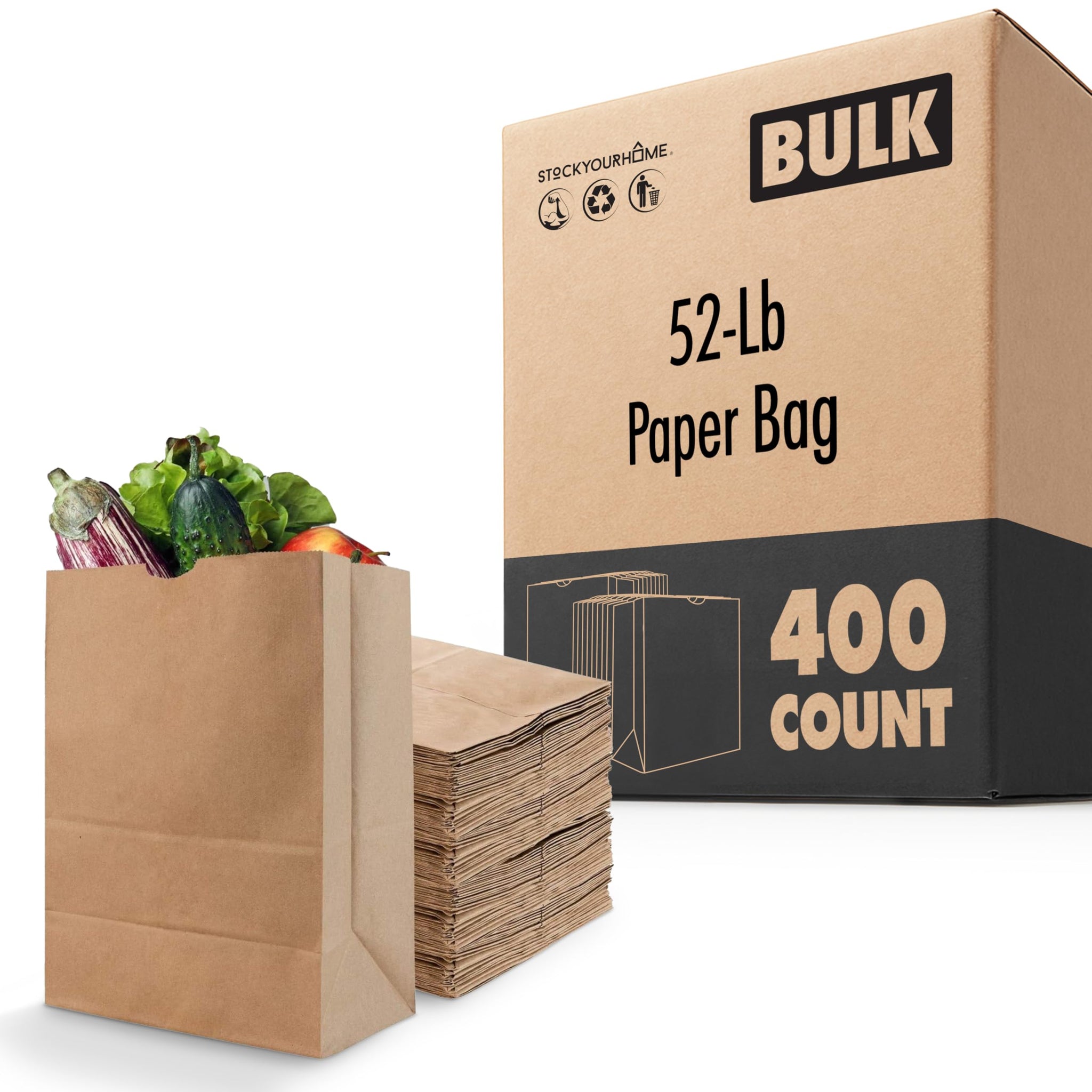 Stock Your Home 52 lb Brown Paper Bags (400 Count) - Bulk Large Grocery Bags for Shopping