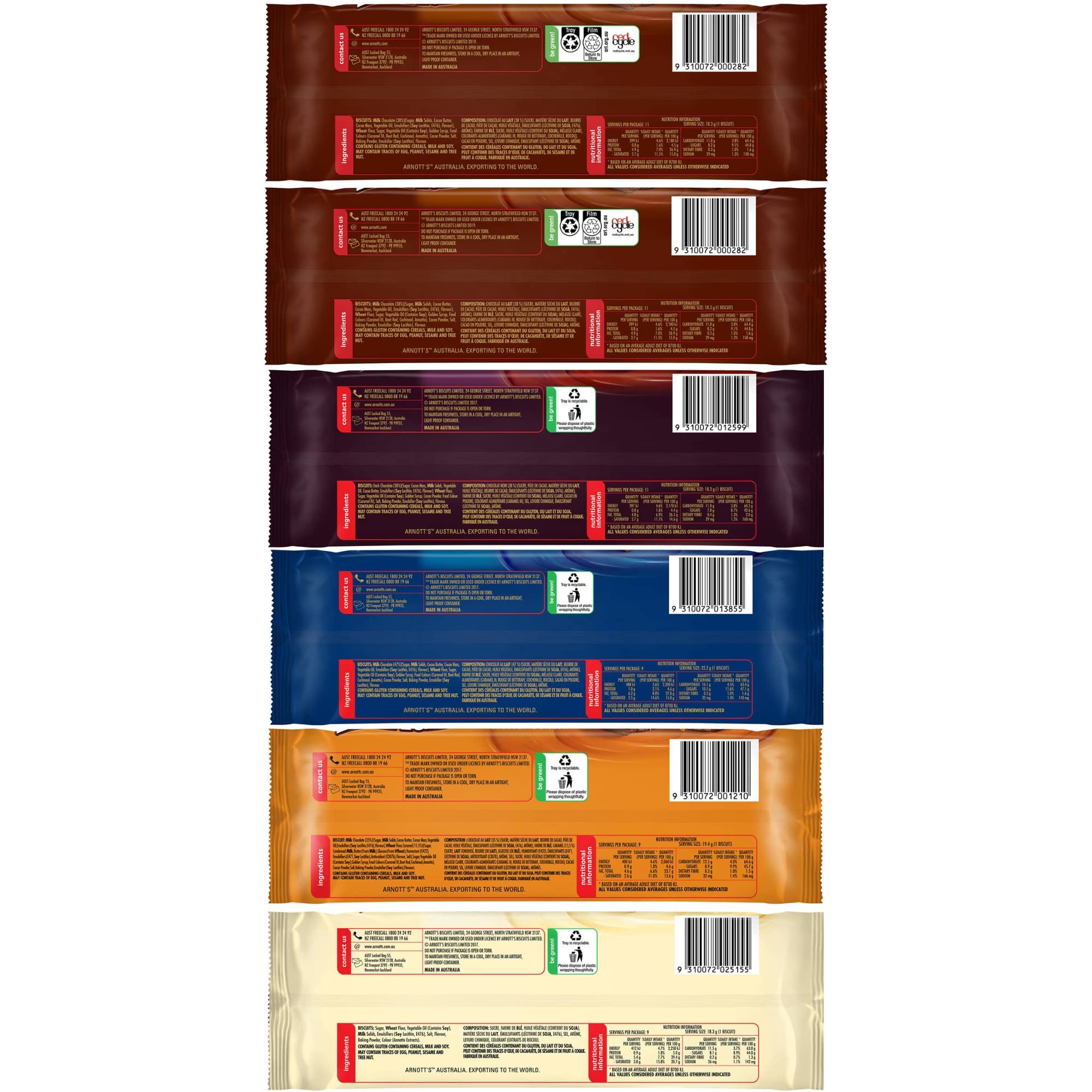 Arnott’s Tim Tam Chocolate Biscuits - 6-Pack Assortment: 2 Original, 1 Dark, 1 Double Coat, 1 Chewy Caramel, 1 White - Made in Australia