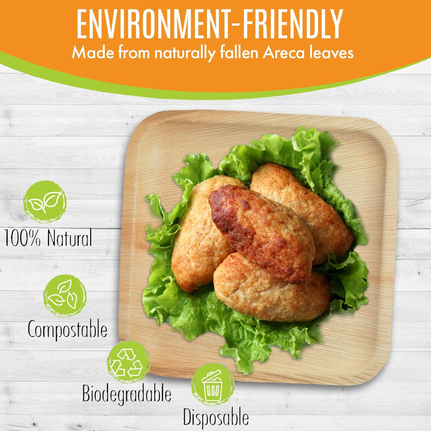 Raj Eco Compostable Palm Leaf Plate Like Bamboo Plates Disposable - 10 Inch Square 100 Party Plates, Natural Wooden, Eco-Friendly, Fancy Biodegradable