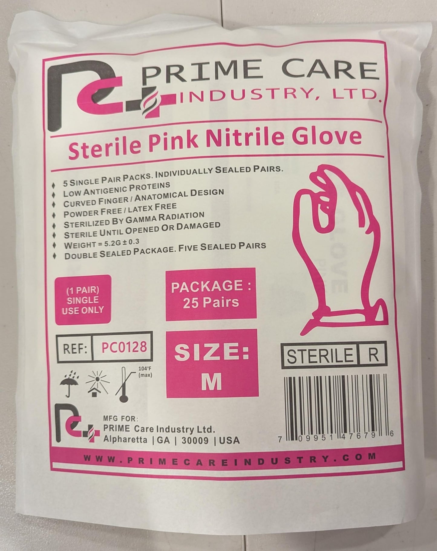 Prime Care Sterile PINK Nitrile (Box 25 pairs) (Medium)