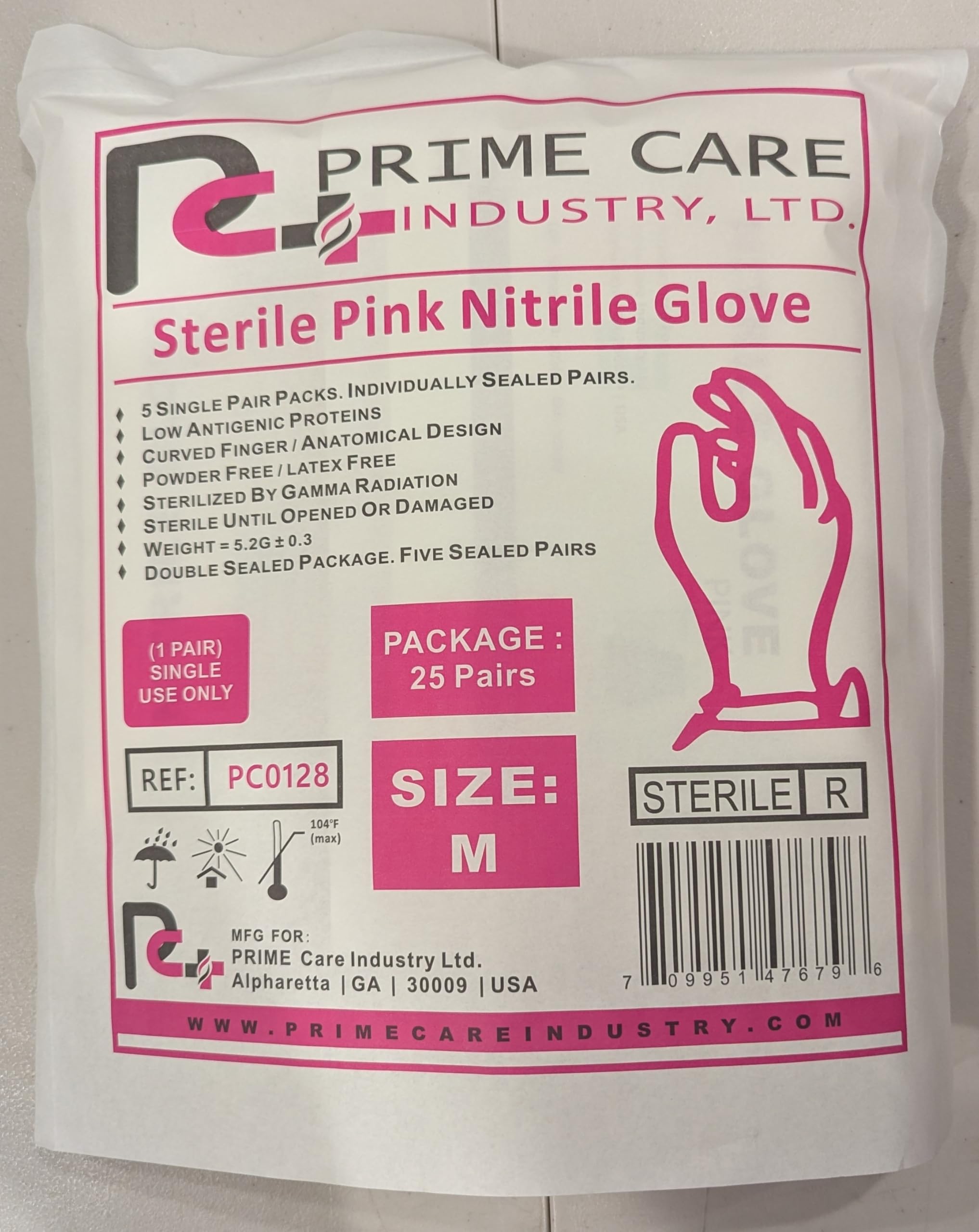 Prime Care Sterile PINK Nitrile (Box 25 pairs) (Medium)