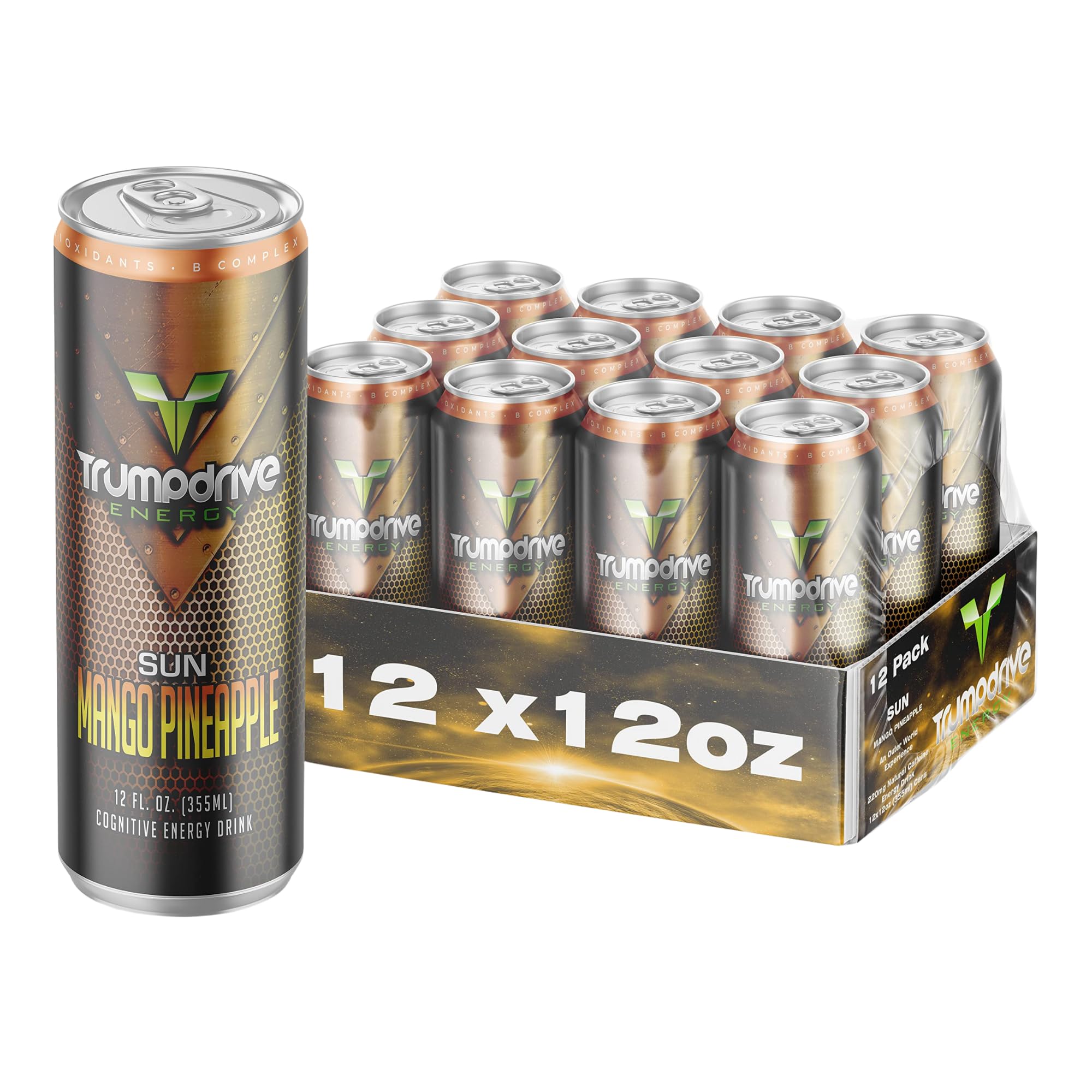 TRUMPDRIVE ENERGY Cognitive Energy Drink Nootropic Formula, Sun Mango Pineapple 12 Fl Oz (Pack of 12) 200mg Natural Caffeine, Fueling Mind Over