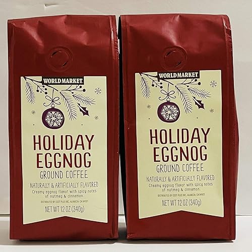 World Market Coffee Seasonal Holiday Eggnog Ground Coffee - Pack of 2 Bags - 12 oz Per Bag - 24 oz Total - Bulk Limited Edition Ground World Market