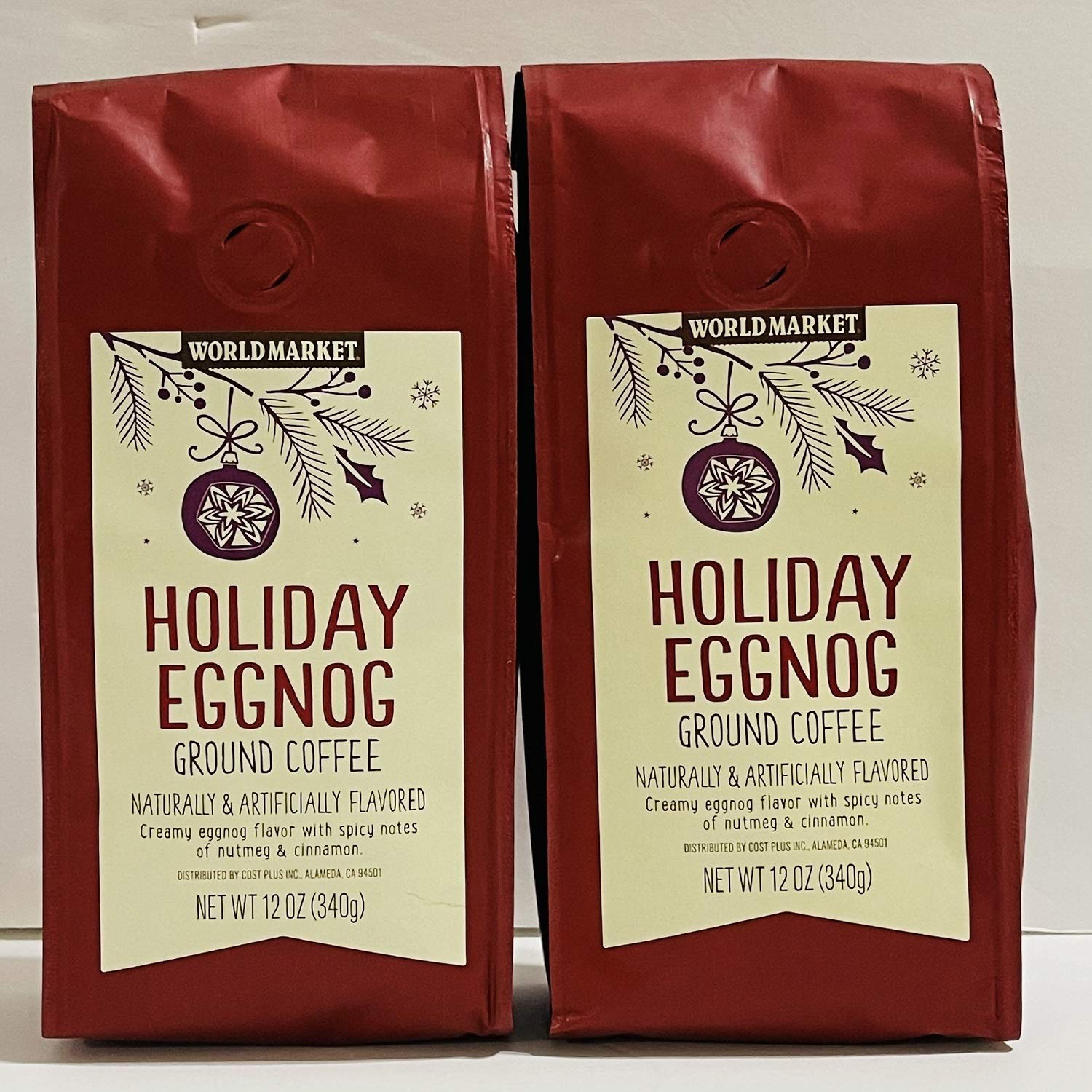 World Market Coffee Seasonal Holiday Eggnog Ground Coffee - Pack of 2 Bags - 12 oz Per Bag - 24 oz Total - Bulk Limited Edition Ground World Market