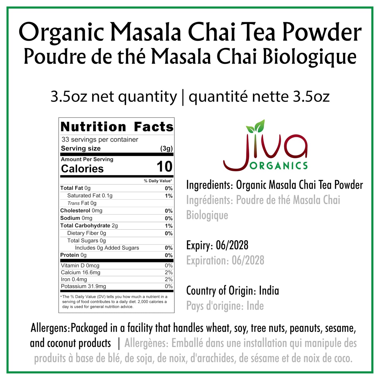 Jiva Organic Traditional Masala Chai Tea Powder Spice Blend 3.5 Ounce - Made with All Organic Spices - Easy Indian Tea Preparation