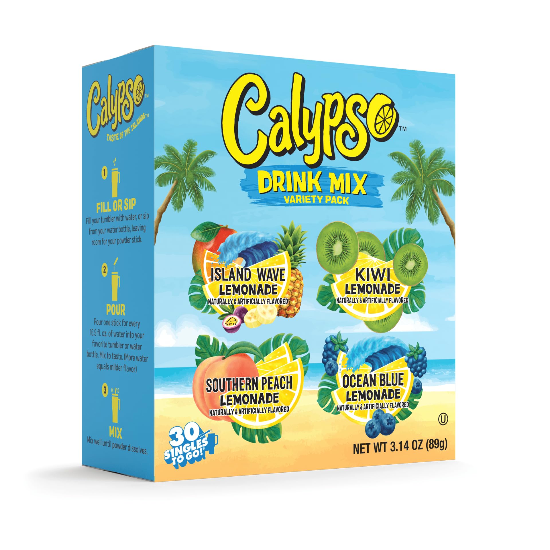 Calypso Singles To Go! Drink Mix Variety Pack - On-the-Go Powdered Drink Mix Packets - Low Calorie Water Enhancer - Island Wave, Kiwi, Southern Peach