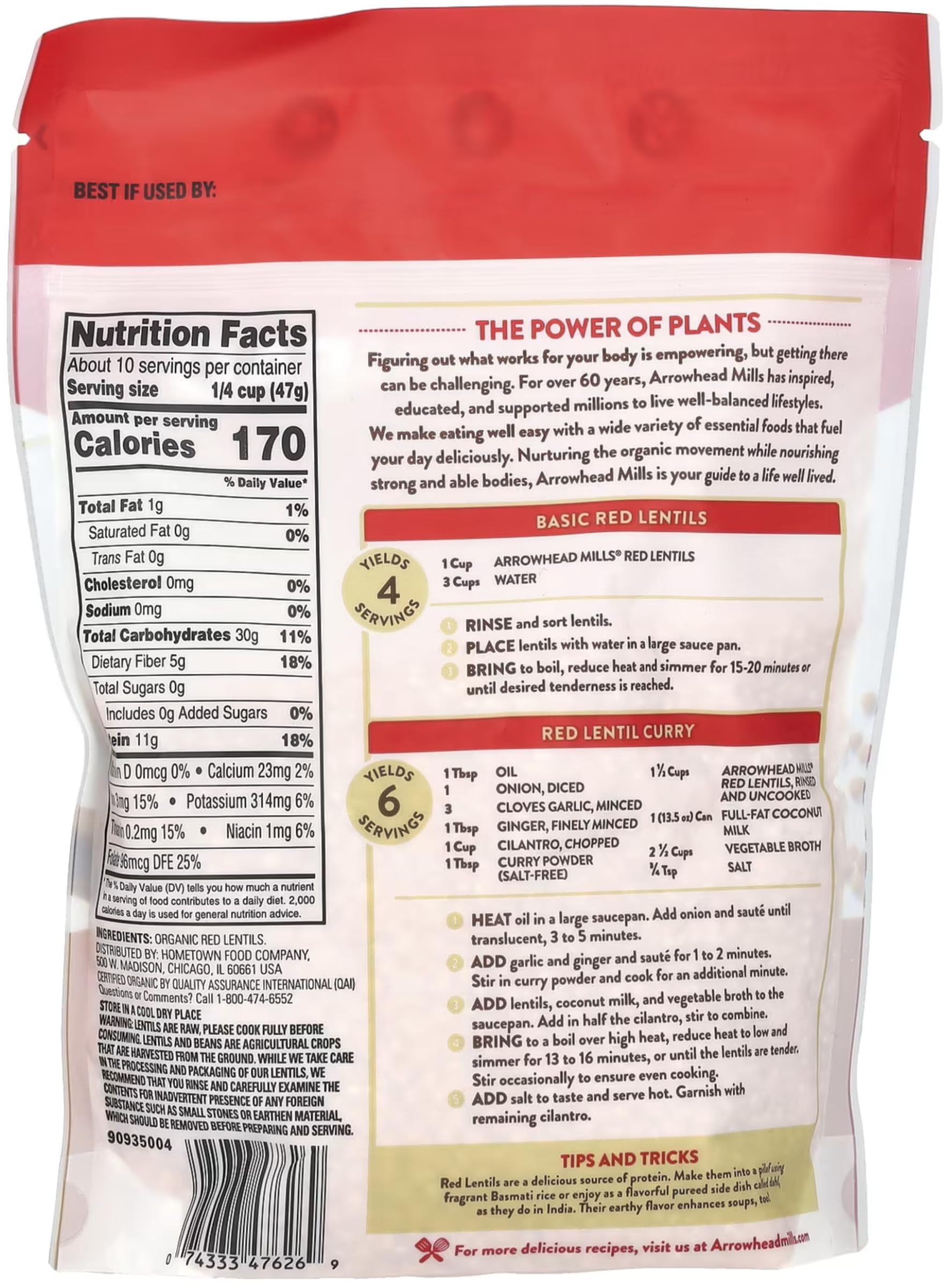 Arrowhead Mills Organic Red Lentils, 16 oz Bag (Pack of 6)
