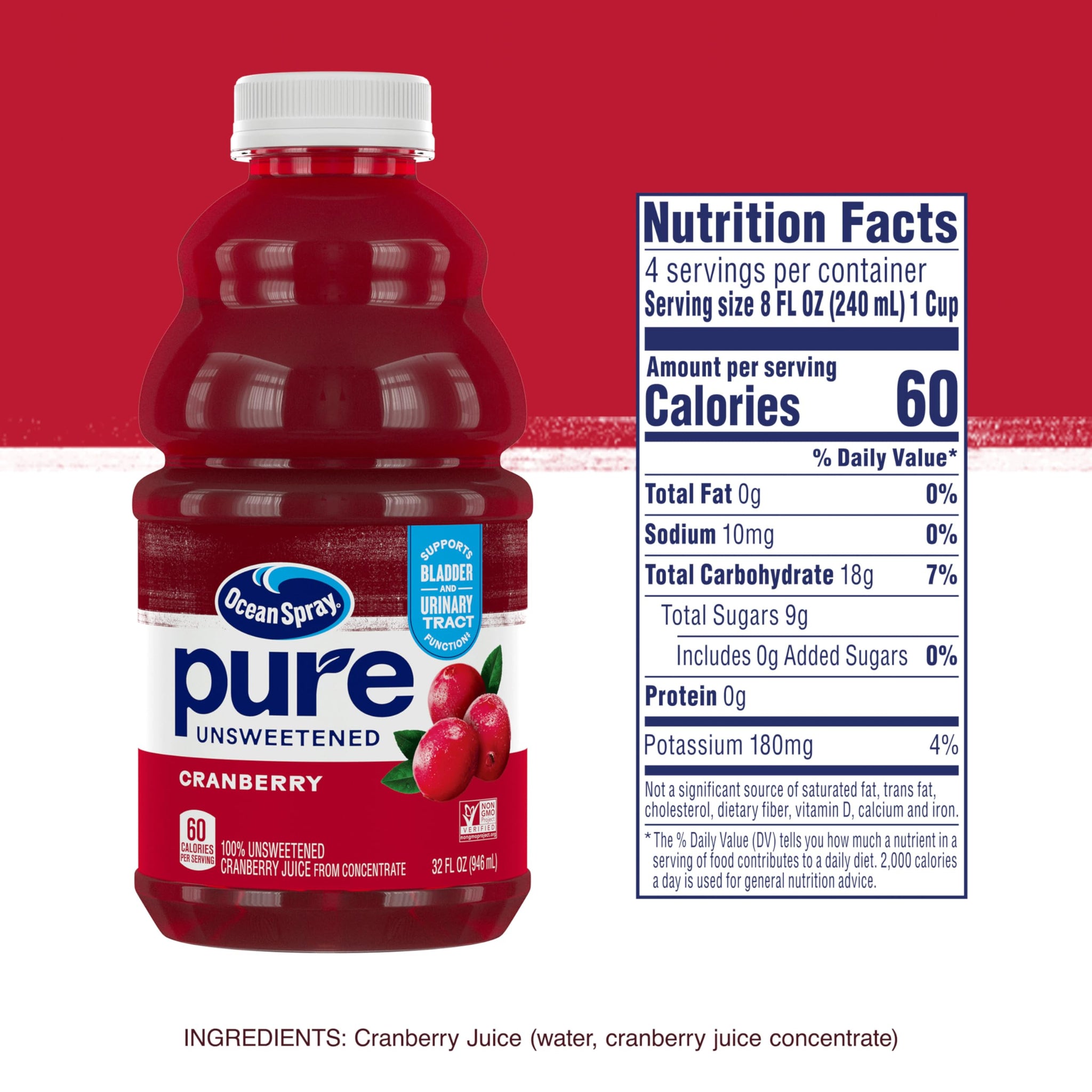 Ocean Spray® Pure Unsweetened Cranberry, 100% Cranberry Juice From Concentrate, 32 Fl Oz Bottle