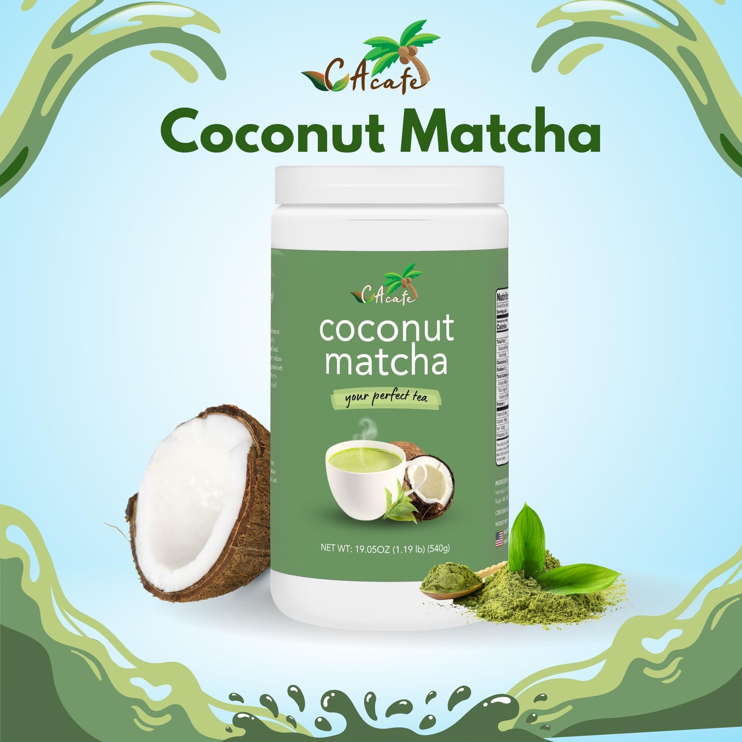 CAcafe Coconut Matcha | Instant Japanese Health Drink | Creamy & Sweet | Hot or Iced Green Tea Latte Mix | New Look, Reduced Sugar | Non-GMO | No
