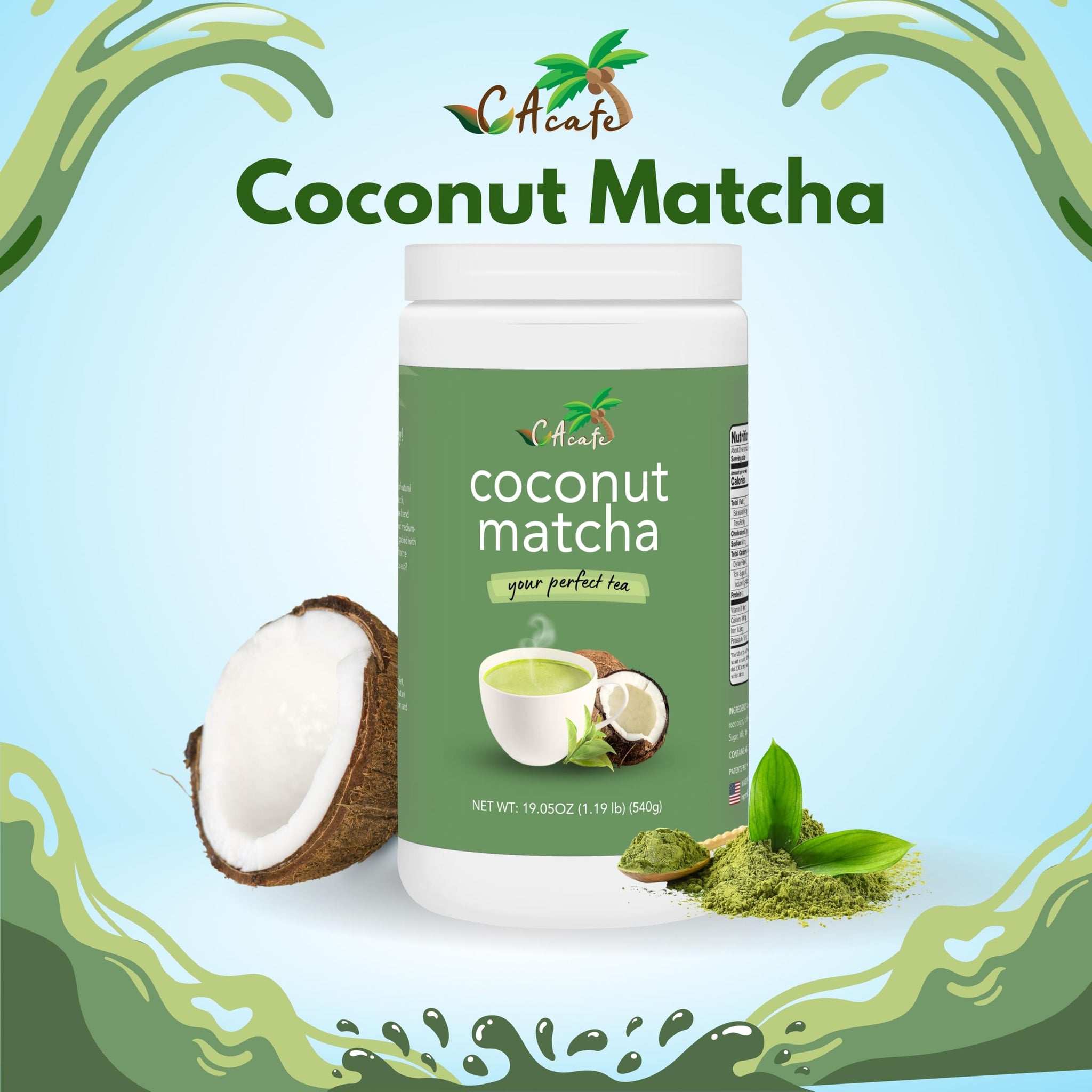 CAcafe Coconut Matcha | Instant Japanese Health Drink | Creamy & Sweet | Hot or Iced Green Tea Latte Mix | New Look, Reduced Sugar | Non-GMO | No