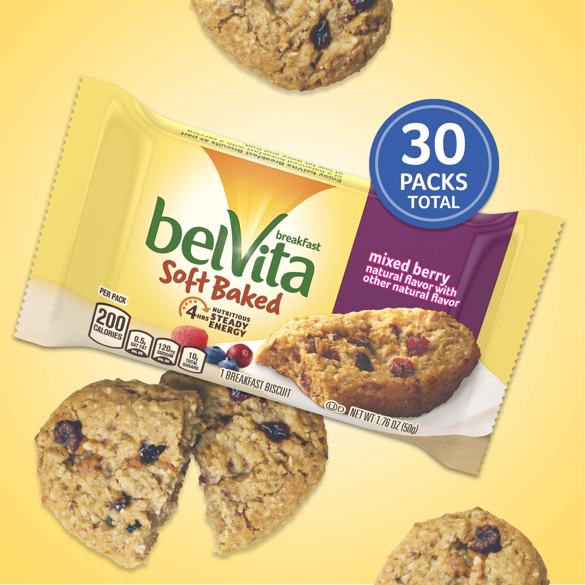 belVita Soft Baked Mixed Berry Breakfast Biscuits, 6 Boxes of 5 Packs (1 Biscuit Per Pack)