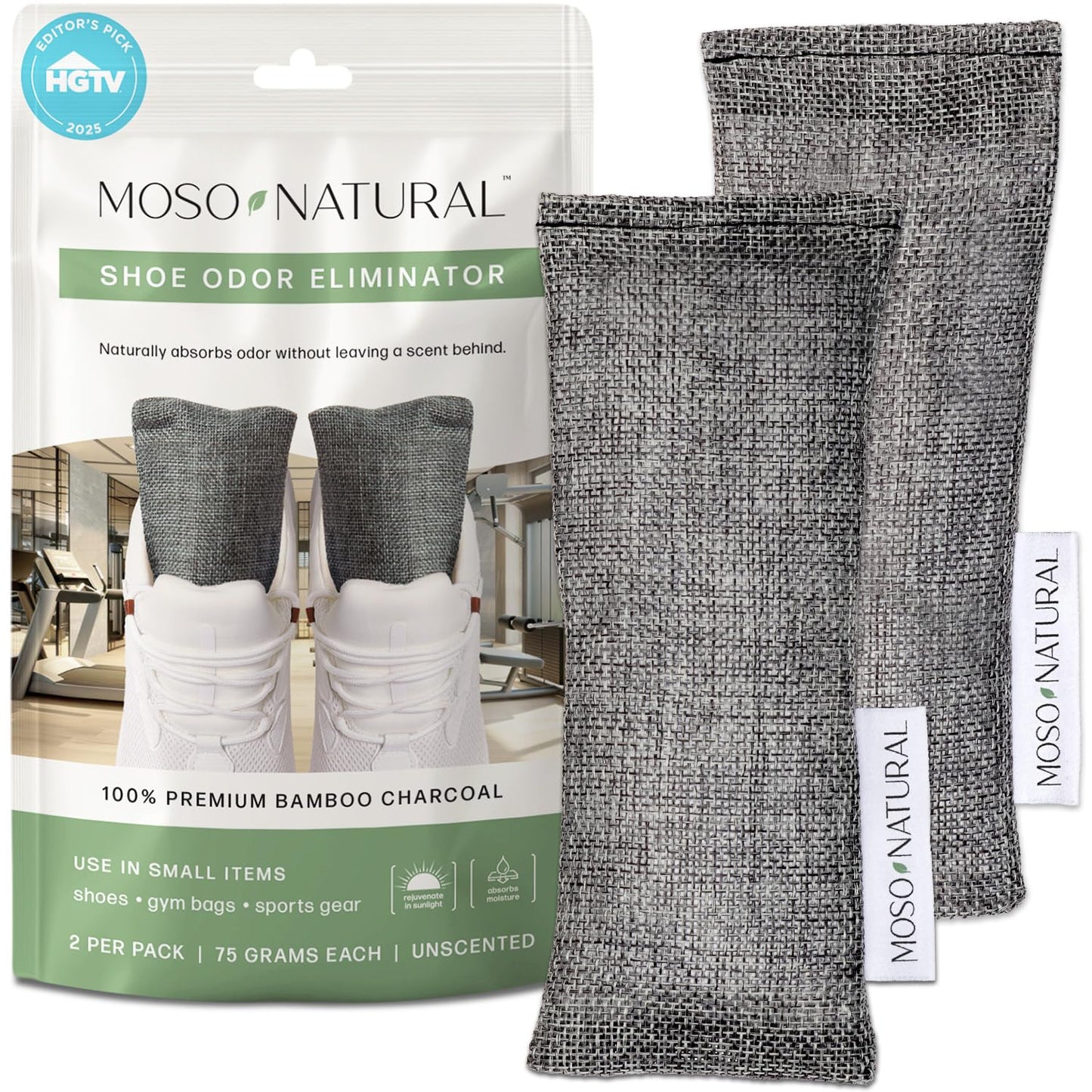 Moso Natural Shoe Deodorizer Inserts, Charcoal Odor Absorber for Shoes, Gym Bag & Boot Deodorizer, Long-Lasting Shoe Odor Elimination, Unscented Air