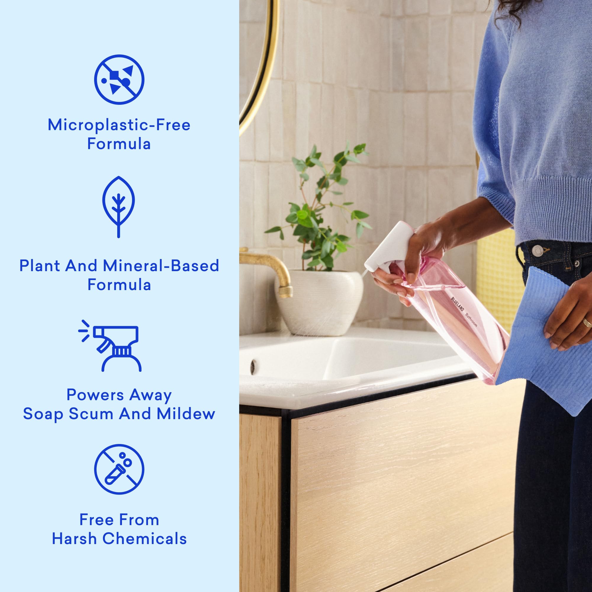 BLUELAND Bathroom Cleaner, Starter Set, Eucalyptus Mint Scent, Spray Bottle with 4 Refill Tablets, Eco-Friendly Cleaning Supplies, 4 x 24 Fl oz