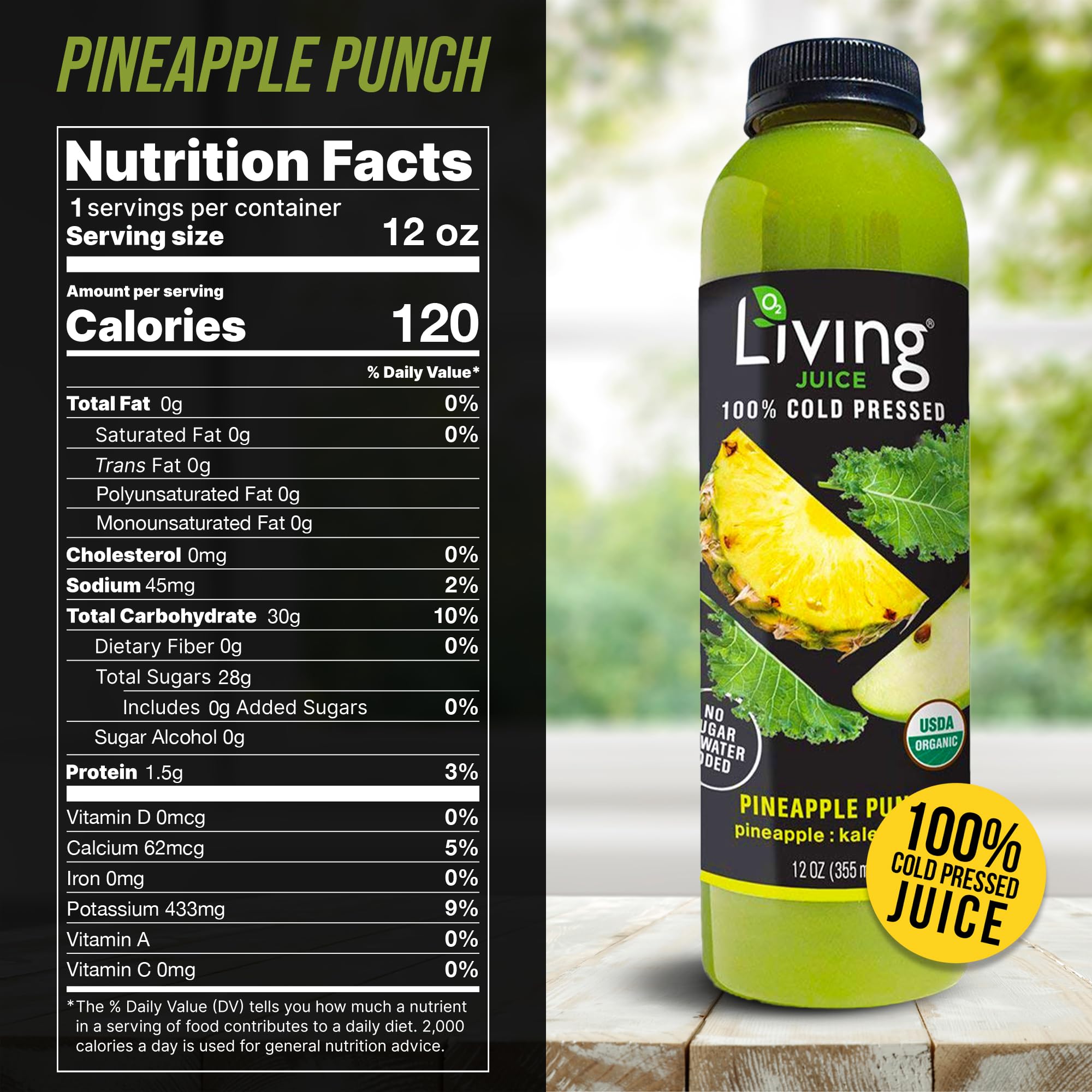 O2 Living Juice Cold Pressed Drink - Pineapple Punch Organic Juice Pack - No Added Sugars or Water, Naturally Sweetened from Fruits, Rich in Nutrients