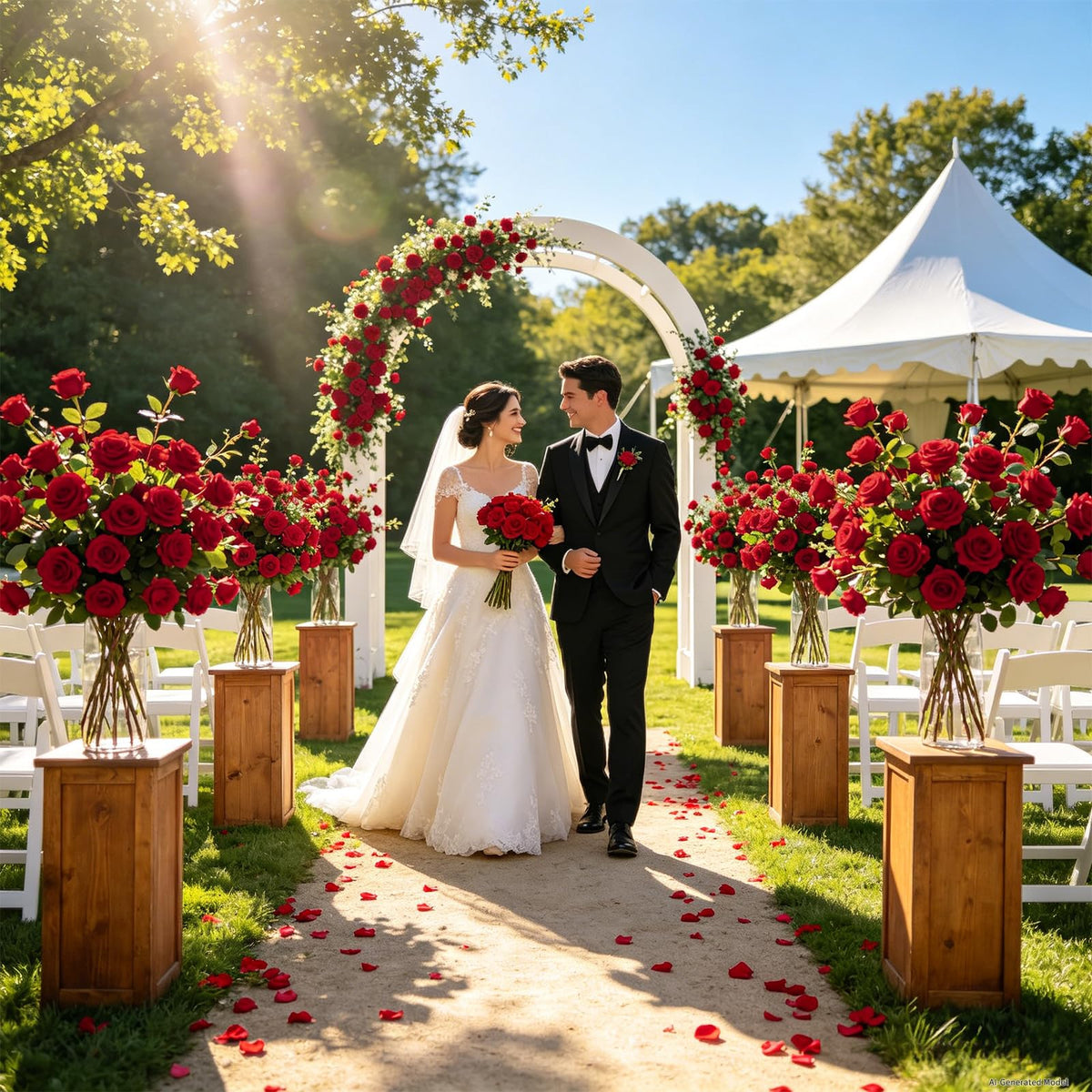 300Pcs Red Roses Artificial Flowers, Realistic Silk Fake Roses Bouquet