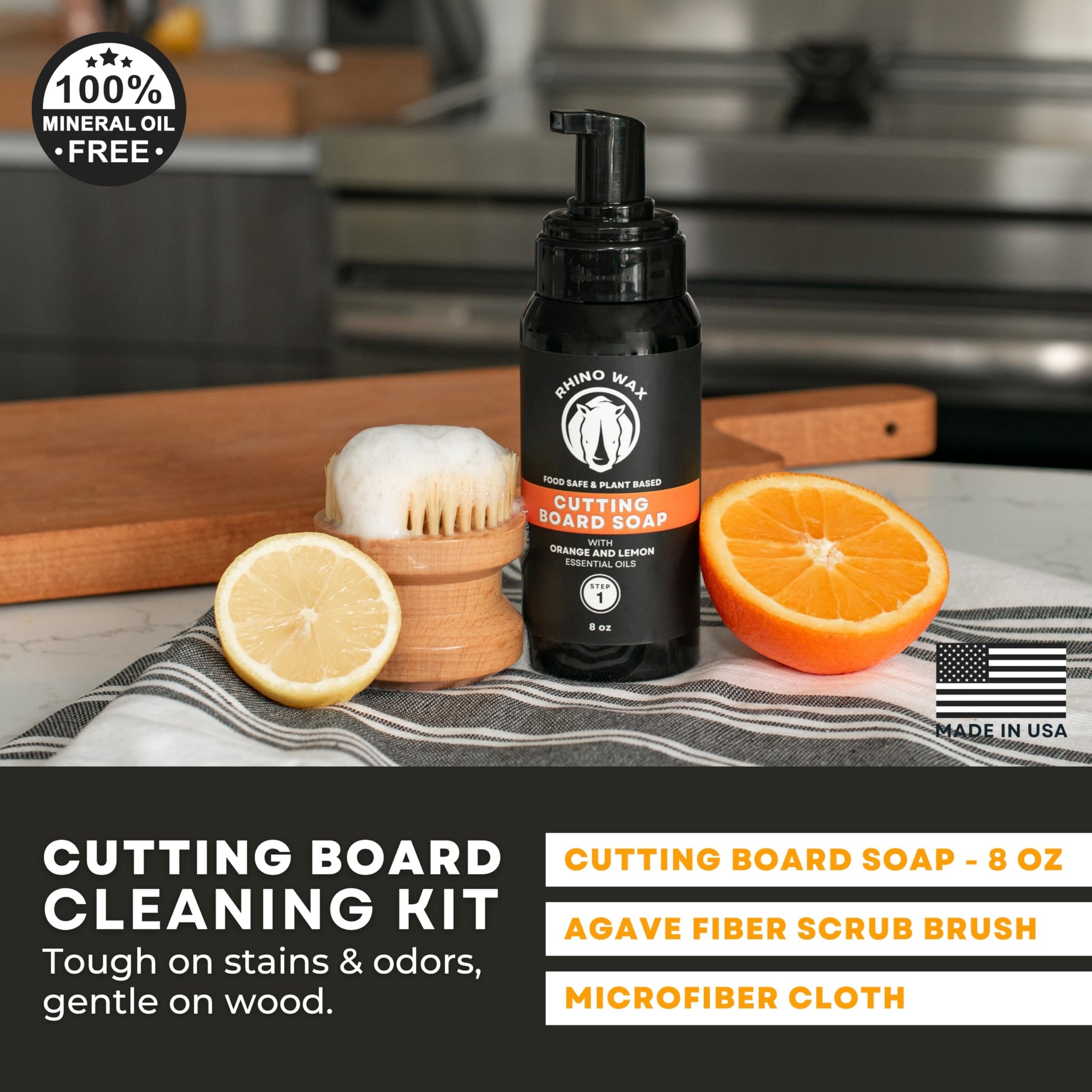 Rhino Wax Cutting Board Cleaning Kit - Includes Cutting Board Foaming Soap, Scrub Brush, Microfiber Cloth - Castile-Based Natural Cleaner - Easy Foam