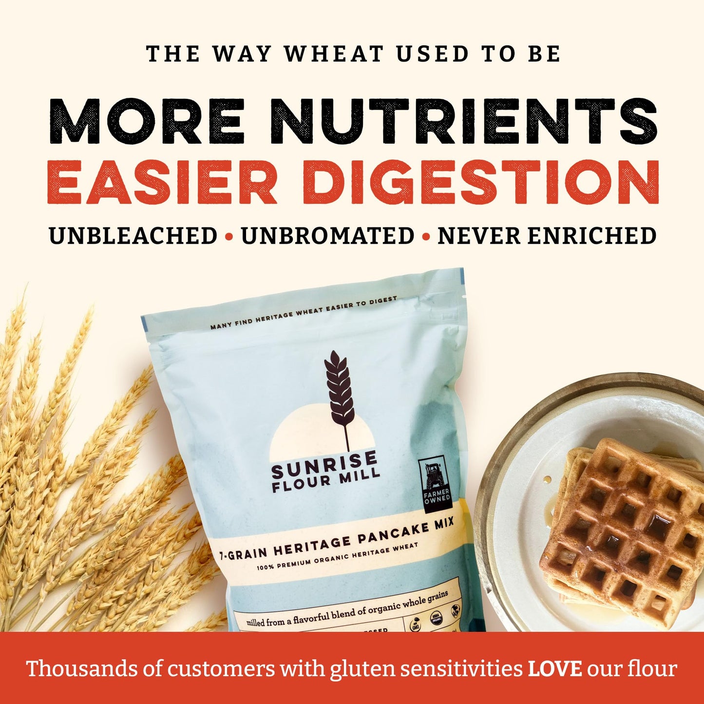 Sunrise Flour Mill USDA Organic 7-Grain Heritage Pancake Mix- 2 lbs | Enjoy Fluffy & Tasty Waffles | Easier to Digest with Less Bloating | Zero Additives
