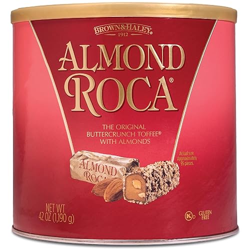 Brown & Haley Almond ROCA The Original Buttercrunch Toffee with Almonds Canister - Individually Wrapped Chocolate for Holiday Gift Basket - Gluten