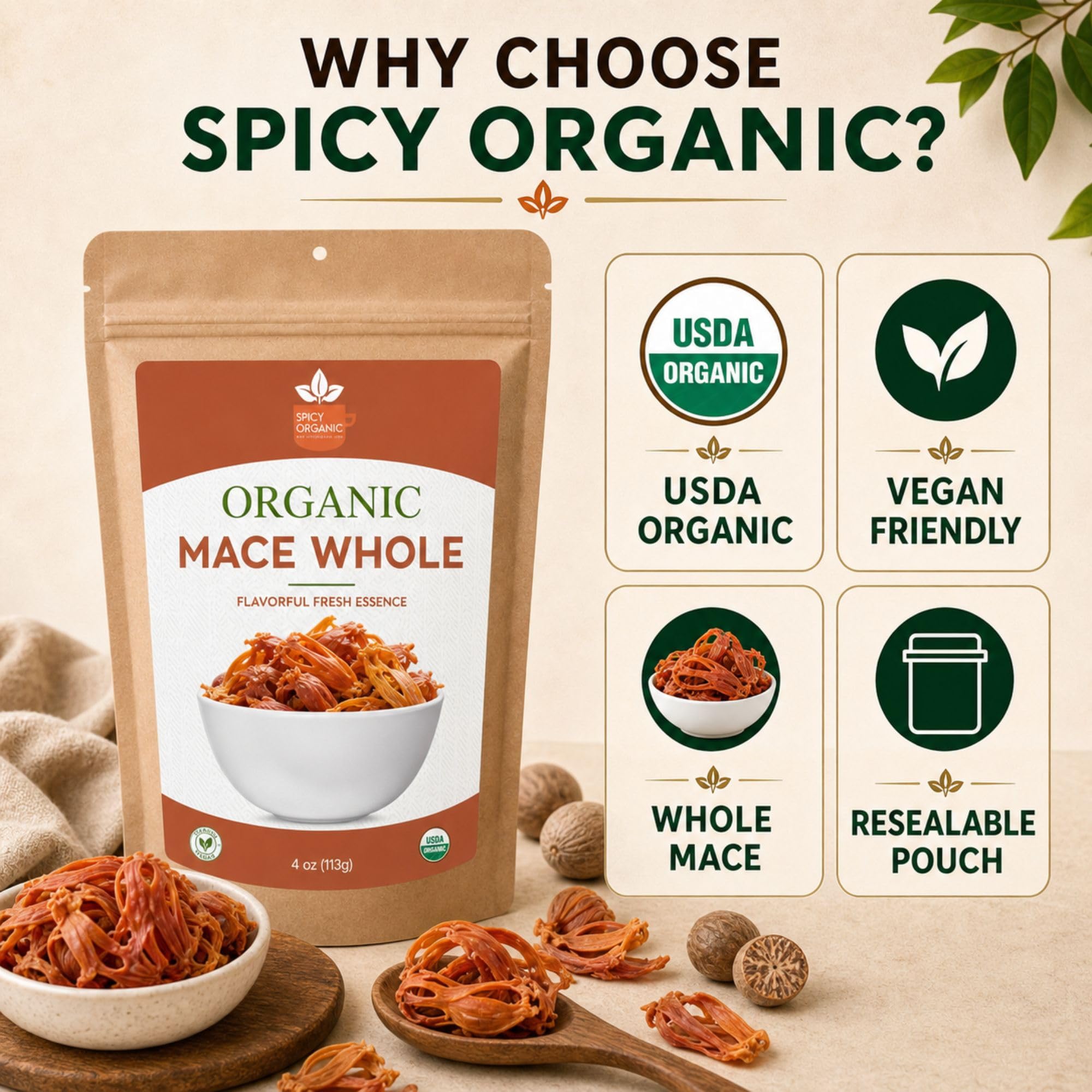 SPICY ORGANIC Mace Whole (Javantri) - 16 oz (454 g), USDA Certified Organic Mace Spice, 100% Raw, Non-GMO, Vegan, Gluten-Free - Enhance Dishes