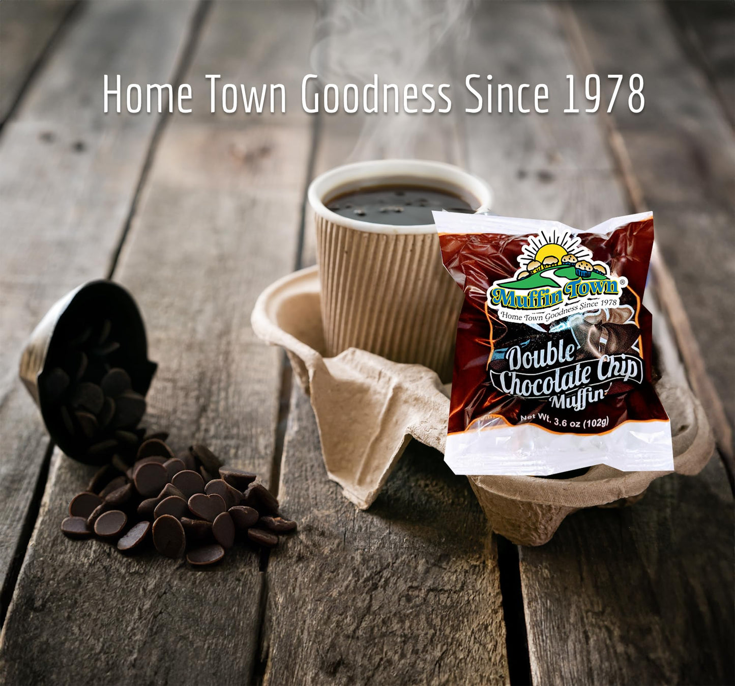 Muffin Town Double Chocolate Chip Muffins - 12 Individually Wrapped | 3.6 oz | Real Cocoa + Chocolate Chips | Freeze & Thaw Soft in 5 Min | Nut-Free