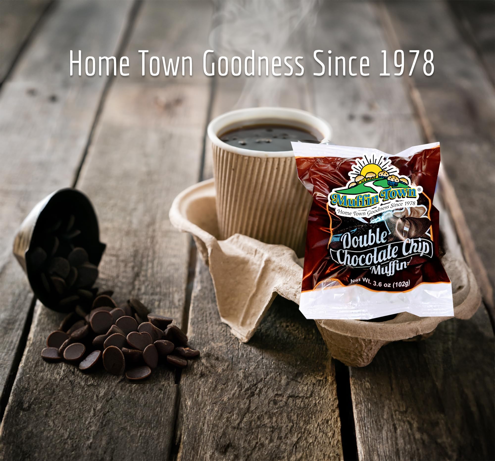 Muffin Town Double Chocolate Chip Muffins - 12 Individually Wrapped | 3.6 oz | Real Cocoa + Chocolate Chips | Freeze & Thaw Soft in 5 Min | Nut-Free