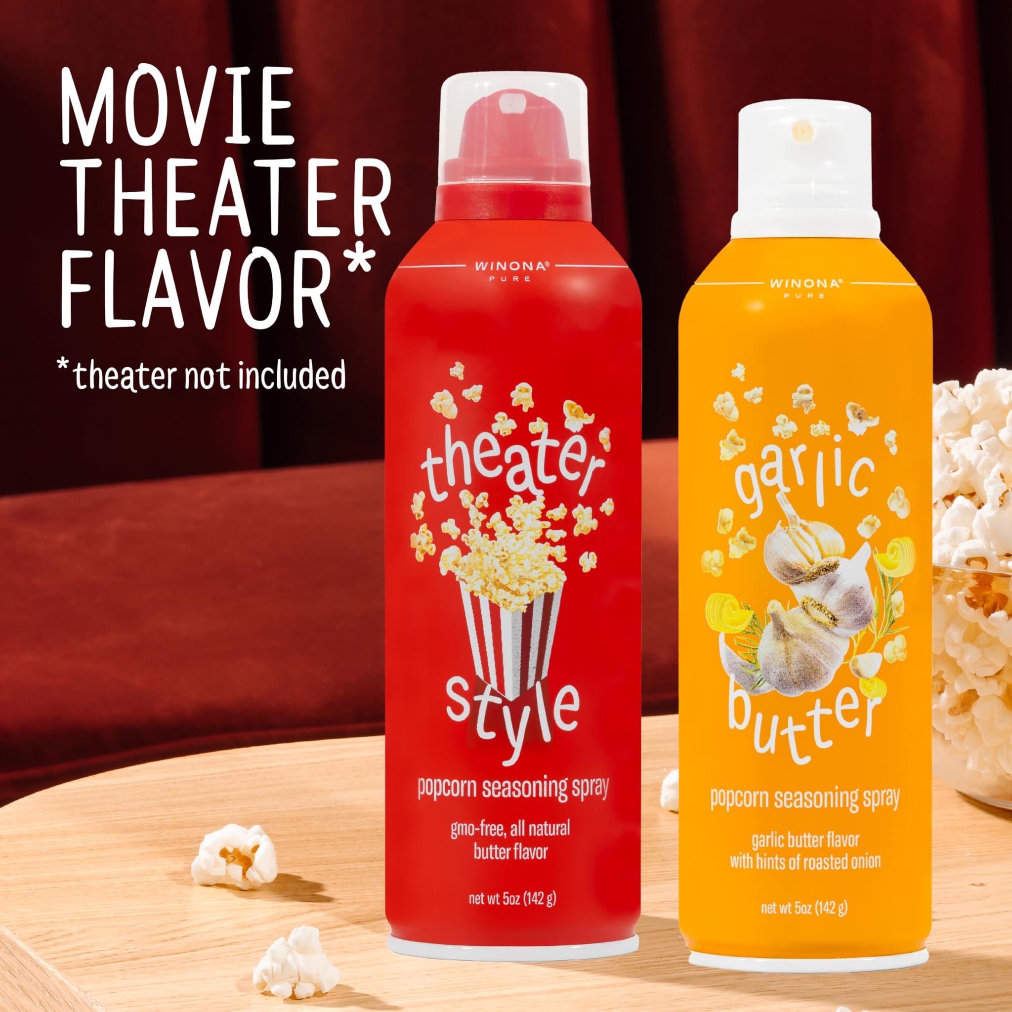 Winona Pure Popcorn Spray, Butter & Garlic Flavors, For Snacks & Cooking, 5 oz Bottles, 2 Pack