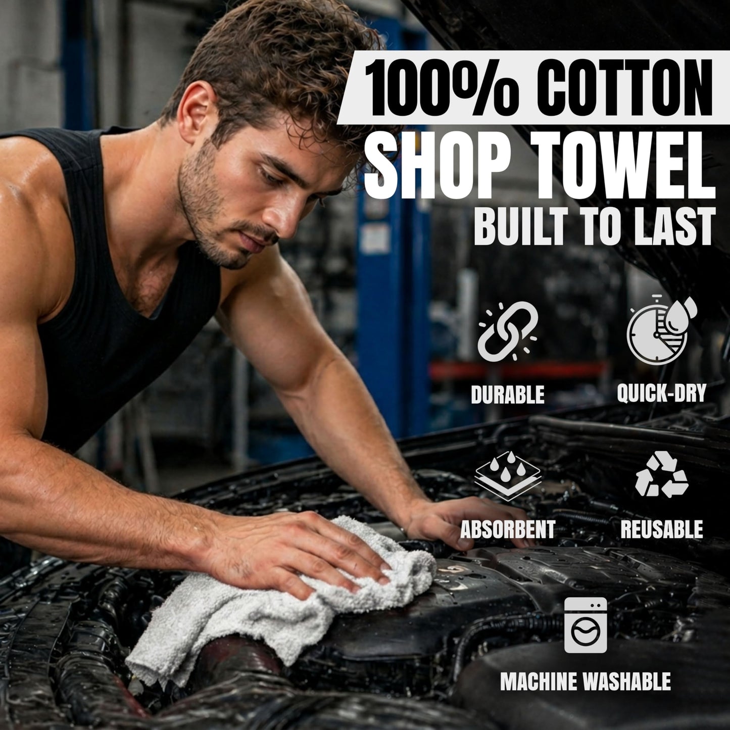 SupremePlus Shop Towels (White, 25-Pack) - Bulk Cleaning Towel in a Bag, Mechanic Cotton Wipes for Car Maintenance, Auto Mechanics & Garage, Wipe