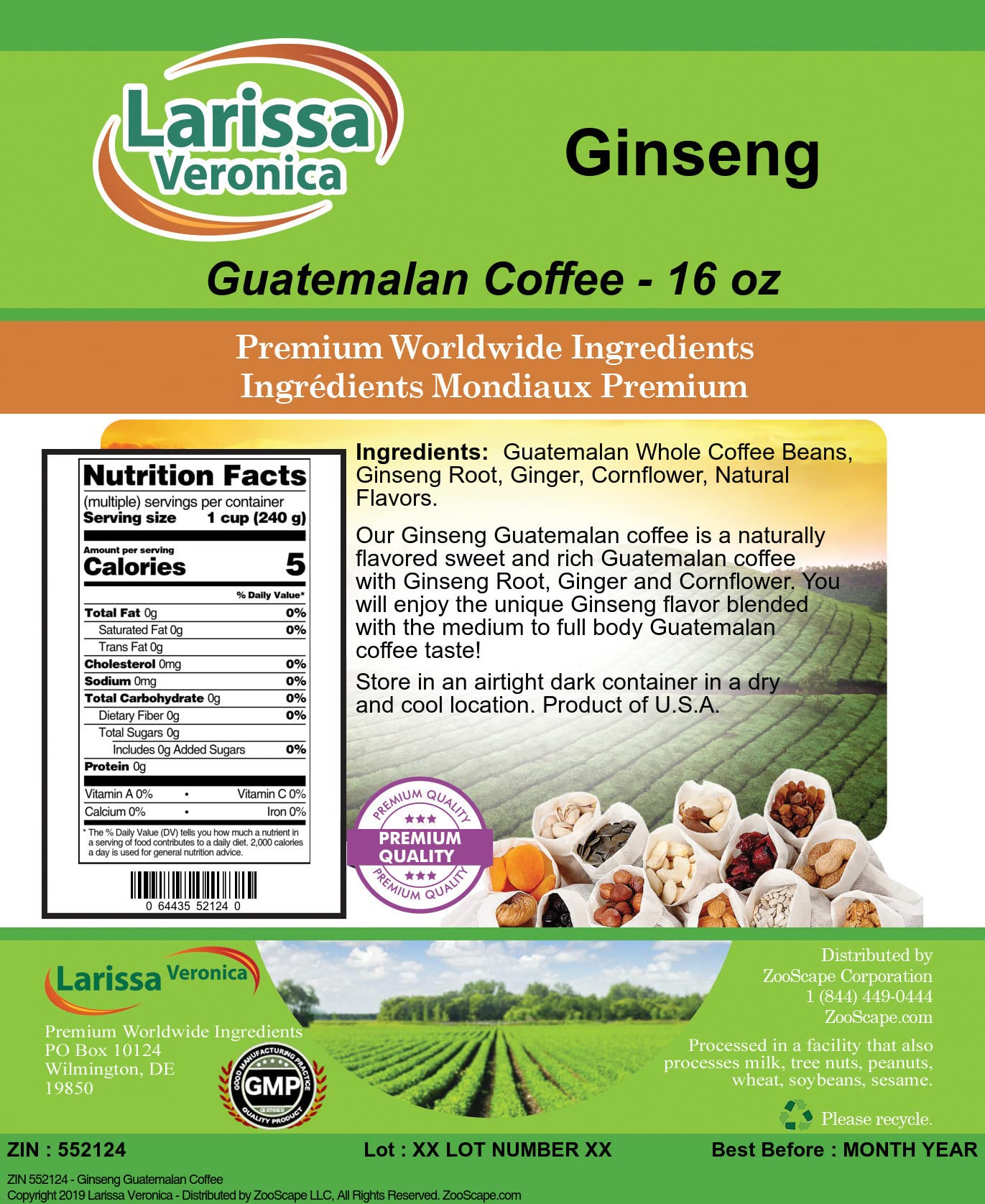 Ginseng Guatemalan Coffee (Gourmet, Naturally Flavored, Whole Coffee Beans) (16 oz, ZIN: 552124)