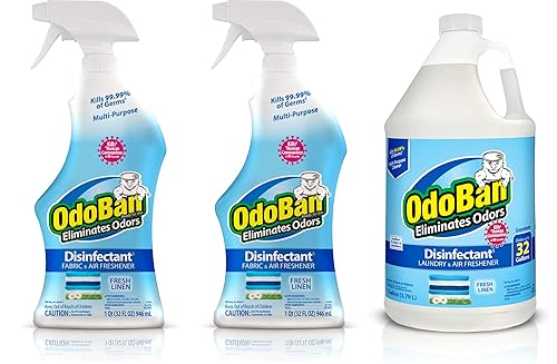 OdoBan Ready-to-Use Disinfectant and Odor Eliminator, Made in the USA, Fresh Linen Scent, Set of 3, 2 Spray Bottles, 32 Ounces Each and 1 Gallon
