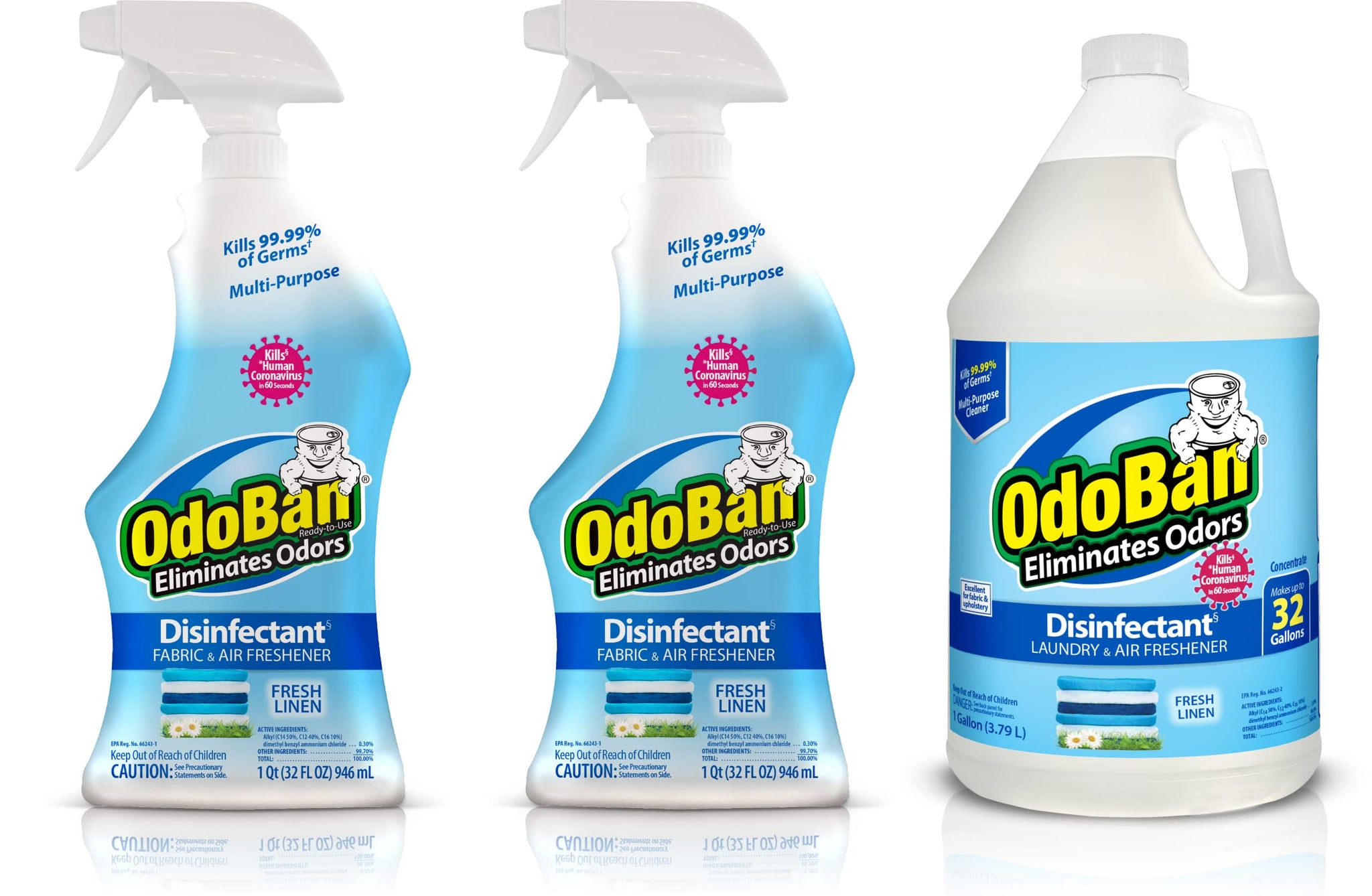 OdoBan Ready-to-Use Disinfectant and Odor Eliminator, Made in the USA, Fresh Linen Scent, Set of 3, 2 Spray Bottles, 32 Ounces Each and 1 Gallon