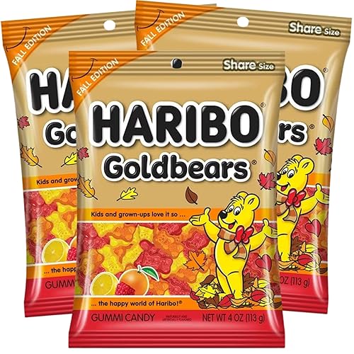 Haribo Goldbears Fall Edition - Pack of 3 Bags (4 oz Each) - Red, Orange & Yellow Gummy Bears - Autumn Seasonal Candy - Fruity Chewy Treats for Fall