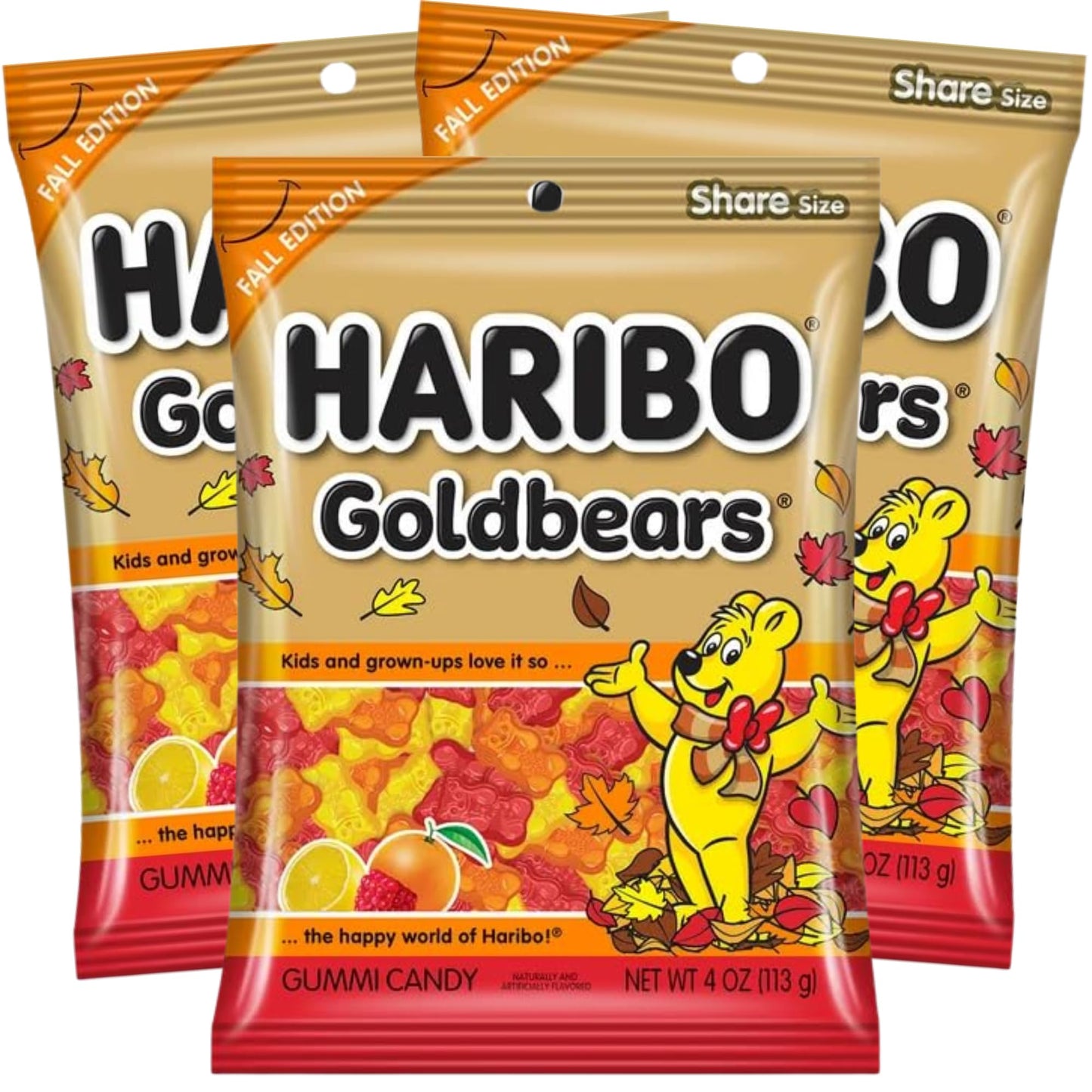 Haribo Goldbears Fall Edition - Pack of 3 Bags (4 oz Each) - Red, Orange & Yellow Gummy Bears - Autumn Seasonal Candy - Fruity Chewy Treats for Fall