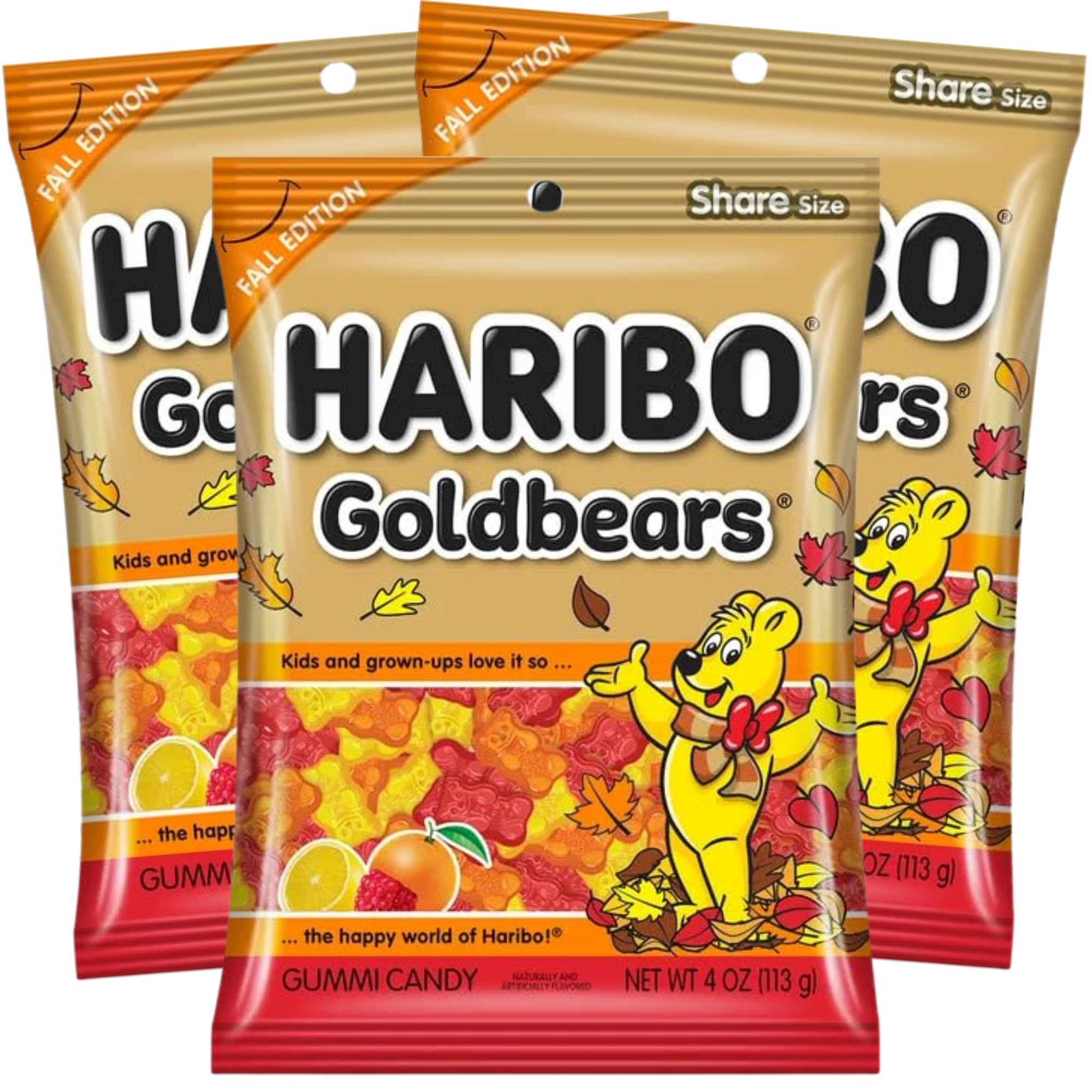 Haribo Goldbears Fall Edition - Pack of 3 Bags (4 oz Each) - Red, Orange & Yellow Gummy Bears - Autumn Seasonal Candy - Fruity Chewy Treats for Fall