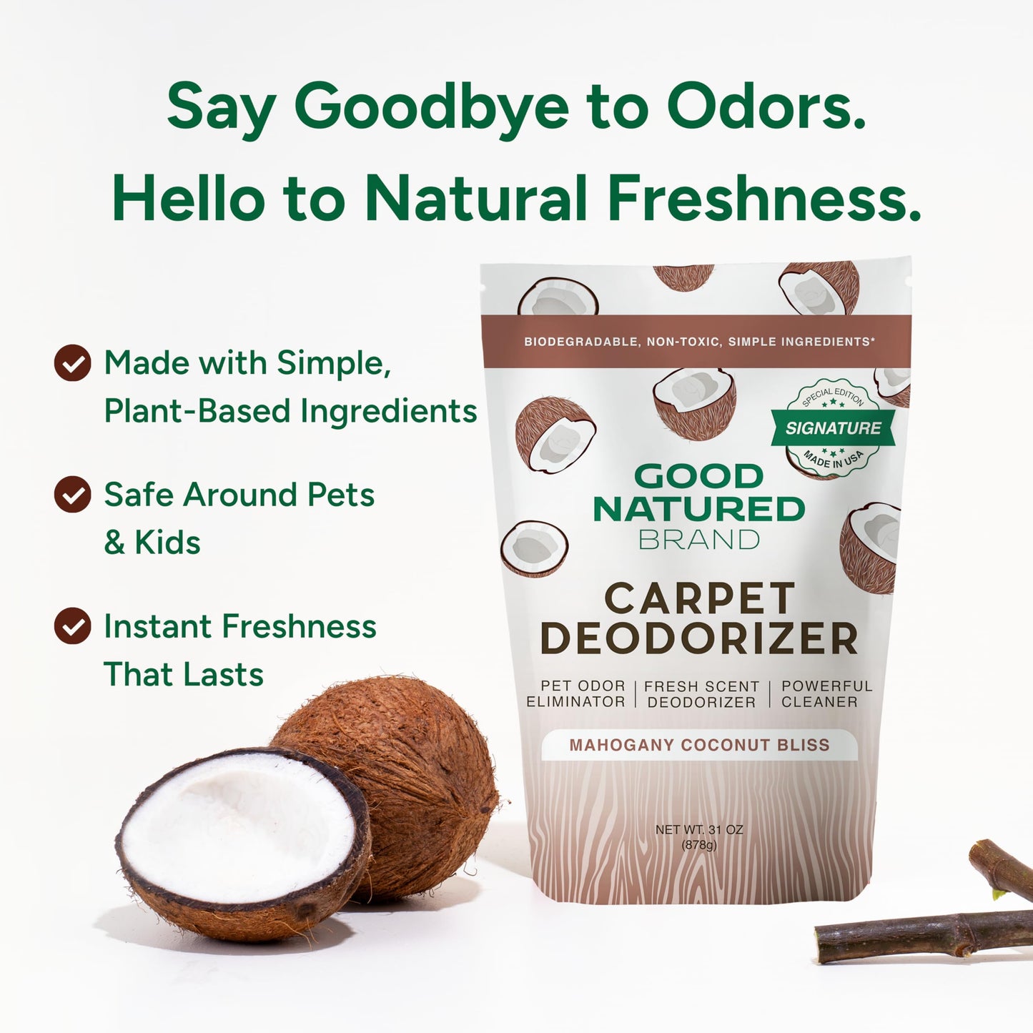 Good Natured Brand | Carpet Deodorizer & Freshener Powder | 31 oz Pet Odor Eliminator for Strong Odor & Pet Urine | Fresh Natural Mahogany Coconut