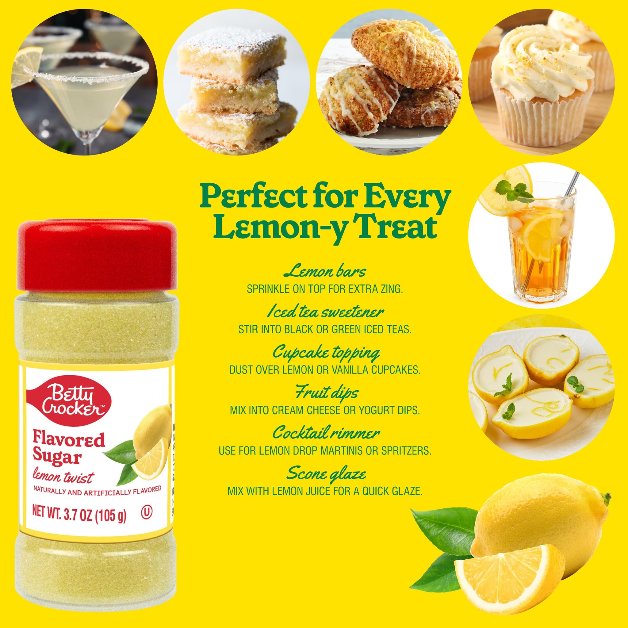 Betty Crocker Lemon Twist Flavored Sugar - Citrus Dessert Sugar for Baking, Cocktails & More, 3.7 oz